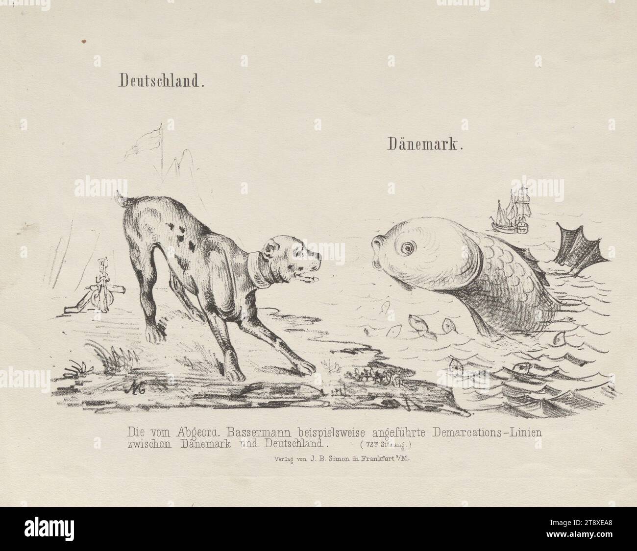 Deutschland und Dänemark (Karikatur des deutsch-dänischen Konflikts von 1848 unter Bezugnahme auf Friedrich Daniel Bassermann, Mitglied der Frankfurter Nationalversammlung), Johann Bernhard Simon, Verlag, 1848, Papier, Kreide-Lithographie, Höhe 23, 1 cm, Breite 28, 8 cm, Karikatur, Satire, Revolutionen von 1848, 1849, Politik, abgeordneter der Wiener Sammlung Stockfoto