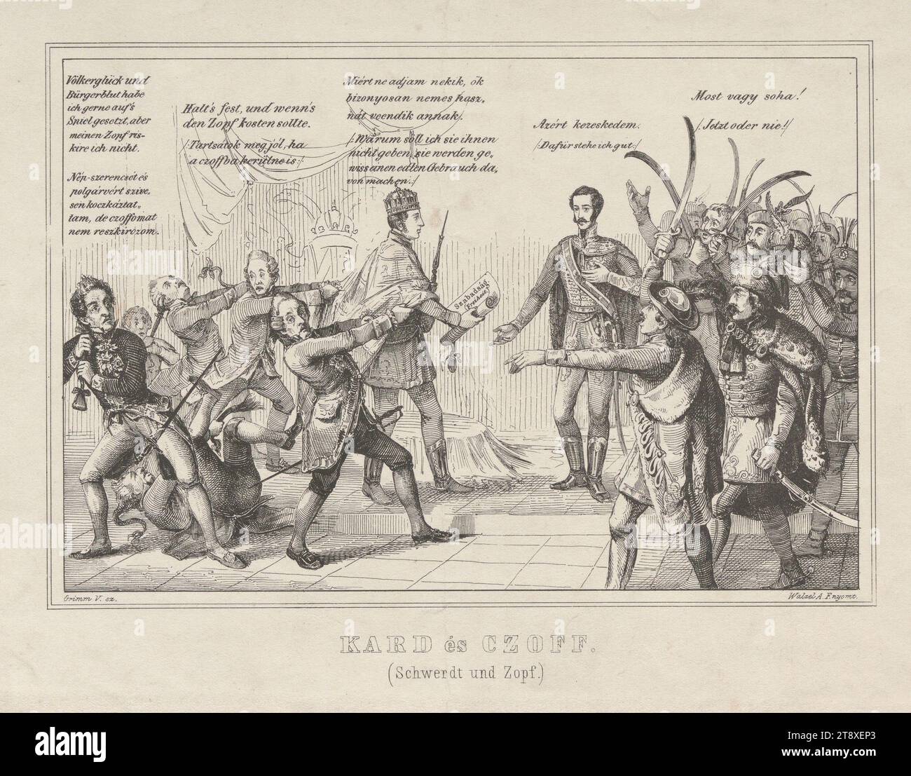 KARD és CZOFF., (Schwert und Flecht.)“ (Satire über den Besuch einer Delegation des ungarischen Parlaments in Wien am 16. März 1848: Adlige versuchen, Kaiser Ferdinand davon abzuhalten, ein Dokument mit dem Titel "Freiheit" einer Gruppe Ungarn unter der Leitung von Erzherzog Stephen vorzulegen), Vince Grimm, Lithograf, August Walzel, Drucker, 1848, Papier-, Stift- und Tintenlithographie, Höhe 23,6 cm, Breite 28,4 cm, Habsburger, Aristokratie, Politik, Revolutionen von 1848, 1849, König; Kaiser, Herrscher, Herrscher, die Wiener Sammlung Stockfoto
