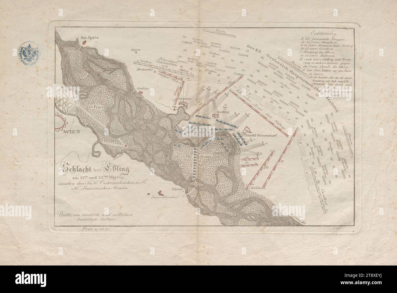 Die Schlacht bei Aspern und Eßling am 21. Und 22. Mai 1809. Mai 1809, Karl Timlich, Kupferstecher, 1809, Papier, Kupferstich, Höhe 32, 2 cm, Breite 45, 5 cm, Tellergröße 21, 4 x 31, 6 cm, Kriegsereignisse, Militär, Wiener Umgebung, Schlacht, Kämpfe im Allgemeinen, Schlachtplan, Schlachtarrays, die Wiener Sammlung Stockfoto