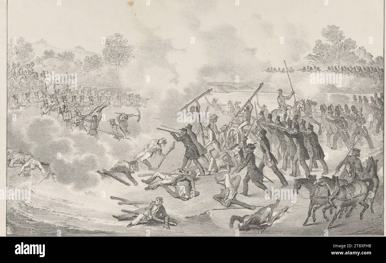 Angriff des Regiments Nassau auf die vereinigten wiederkehrenden Grenadiere u. Nationalgarde. 11 Uhr morgens." (Am 6. Oktober 1848), Johann Höfelich (1796–1849), Herausgeber, 1848, Papier, kreideähnliche Lithographie, Höhe 15, 6 cm, Breite 23, 9 cm, Bildende Kunst, Revolutionen von 1848, 1849, Militär, Kampf, Kampf im Allgemeinen, die Wiener Sammlung Stockfoto