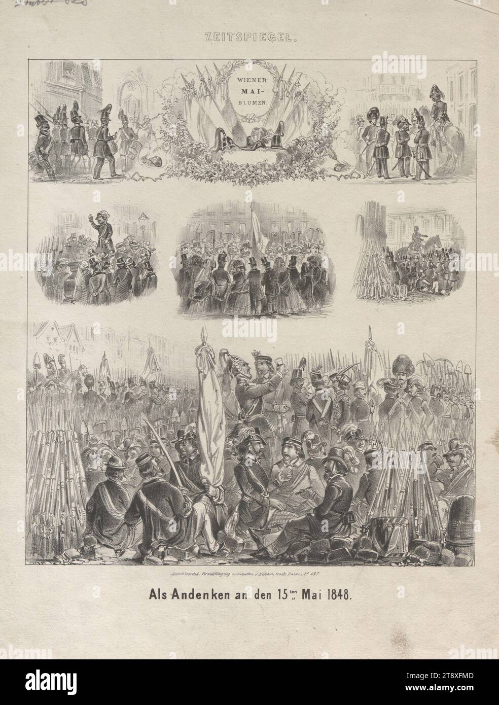 ZEITSPIEGEL, WIEN, MAI, BLUMEN, in Gedenken an den 15. Mai 1848', Johann Höfelich (1796-1849), Verlag, 1848, Papier, Kreide-Lithographie, Höhe 33, 7 cm, Breite 25, 6 cm, schöne Künste, Revolutionen von 1848, 1849, Militär, der Soldat; das Leben des Soldaten, die Wiener Sammlung Stockfoto