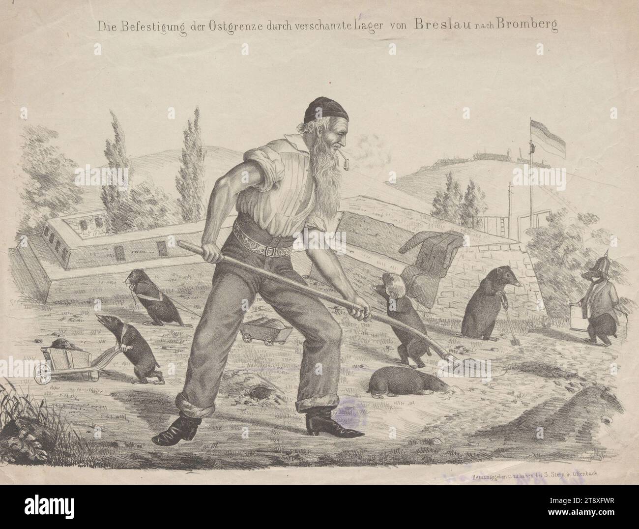 Die Befestigung der östlichen Grenze (...)" (Karikatur über Friedrich Ludwig Jahn, Mitglied der Frankfurter Nationalversammlung 1848), Samuel Stern, Verlag, 1848, Papier, Kreide-Lithographie, Höhe 26, 9 cm, Breite 33, 9 cm, Karikatur, Satire, Revolutionen von 1848, 1849, Politik, abgeordneter der Wiener Sammlung Stockfoto