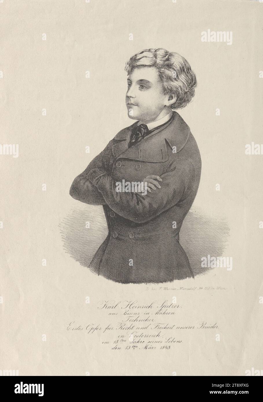 Karl Heinrich Spitzer, aus Bisenz in Mähren, Techniker, erstes Opfer für Gerechtigkeit und Freiheit in Österreich, im 18. Lebensjahr. The 13th of March 1848.", Franz Werner, Verlag, 1848, Paper, kreideartige Lithografie, Höhe 37, 2 cm, Breite 27 cm, Bildende Kunst, Revolutionen von 1848, 1849, Porträt, Mann, Sammlung Wien Stockfoto