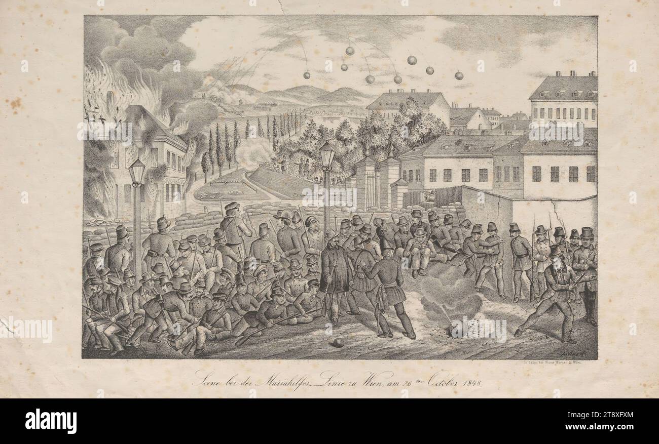 Szene an der Mariahilfer-Linie in Wien am 26. Oktober 1848." (Richtig: Am 28. Oktober 1848), Julius R., Lithograph, Franz Werner, Verlag, 1848, Papier, Kreidelithographie, Höhe 29, 4 cm, Breite 45, 8 cm, Bildende Künste, Umdrehungen von 1848, 1849, Linienwall, Straßenbehinderungen, Barrikaden, der Soldat; das Leben des Soldaten, die Schlacht, die Kämpfe im Allgemeinen, die Wiener Sammlung Stockfoto