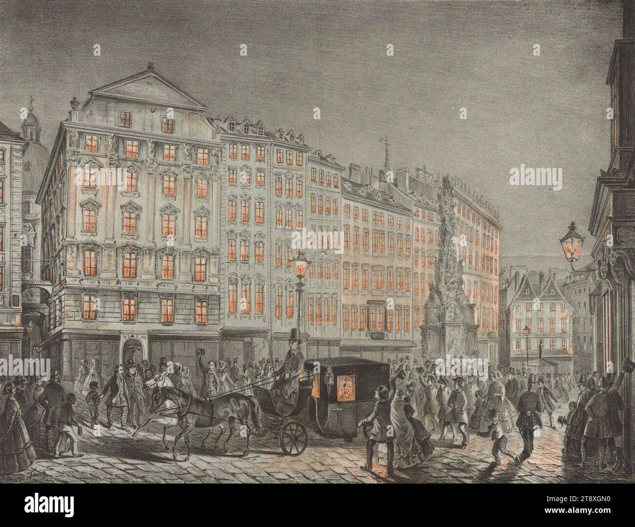 DER ABEND DES 11. MÄRZ (richtig: 15) IN WIEN.", Adolf van der Venne (1828-1911), Lithograph, Johann Rauh (1803-1863), Drucker, 1848, Papier, farbig, Kreidelithographie, Höhe 24, 6 cm, Breite 30, 3 cm, Umdrehungen von 1848, 1849, 1. Bezirk: innere Stadt, Platz, Ort, Zirkus usw., "Pestsäule", vierrädriges, tierischer Zugfahrzeug, z. B.: Fahrerhaus, Wagen, Kutsche, Abend, das übliche Haus oder eine Reihe von Häusern, Wohnung, Mehrfamilienhaus, Graben, die Wiener Sammlung Stockfoto