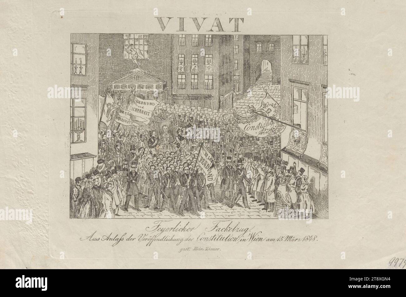 Festliche Fackelprozession. Anlässlich der Veröffentlichung der Verfassung in Wien am 15. März 1848.", Heinrich Zimer, Radierer, 1848, Papier, Ätzen, Höhe 22, 1 cm, Breite 34, 1 cm, Bildende Kunst, öffentliche Feste und Feiern, Habsburger, Revolutionen von 1848, 1849, 1. Bezirk: innere Stadt, öffentliche Feste, Wiener Sammlung Stockfoto