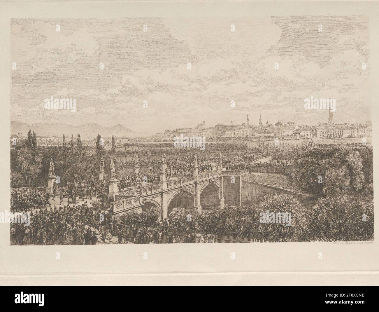 Hochzeit von Kaiser Franz Joseph I. mit Elisabeth: Eintritt der Kaiserbraut über die Elisabethbrücke am 23. April 1854, Military Geographical Institute (1840-1921), Verlag, 1854, Papier, Kollotype, Höhe 25 cm, Breite 33, 8 cm, Habsburger, Dynastische Veranstaltungen, Karlsplatz, Fluss Wien, Bildende Künste, öffentliche Feste und Feiern, Verlobung und Ehe, Brücke, Stadtblick und Landschaft mit künstlichen Bauten, Wettbewerbe, Parade, öffentliche Feste, die Wiener Sammlung Stockfoto