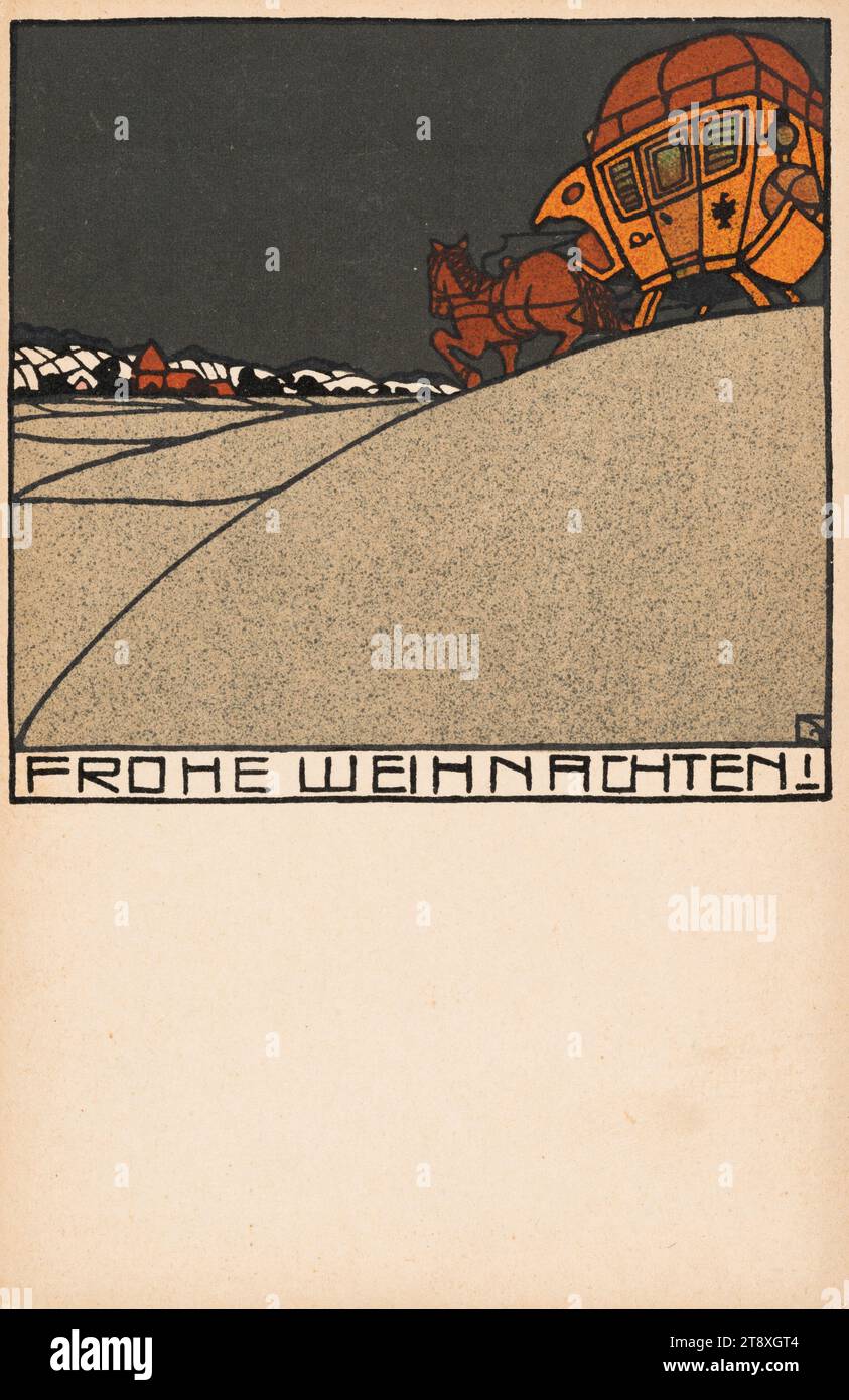 Postkarte der Wiener Werkstätte Nr. 184: Frohe Weihnachten!, Josef (József) von Diveky (Divéky) (1887-1951), Künstler, Wiener Werkstätte, Verlag, 1908, Karton, Farblithographie, Höhe x Breite 14x9 cm, Wiener Werkstatt, Bildende Künste, Wien um 1900, vierrädriger, tierischer Zugwagen, z. B.: Fahrerhaus, Kutsche, Coach, Weihnachtskarte, die Wiener Sammlung Stockfoto