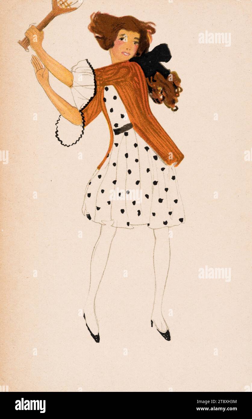 Postkarte der Wiener Werkstätte Nr. 844: Mädchen mit Tennisschläger, unbekannt, Künstlerin, Wiener Werkstätte, Verlag, 1912, Karton, Farblithographie, Höhe x Breite 14x9 cm, Wiener Werkstatt, schöne Kunst, Wien um 1900, Sport, Tennis, Rasentennis, Die Wiener Sammlung Stockfoto
