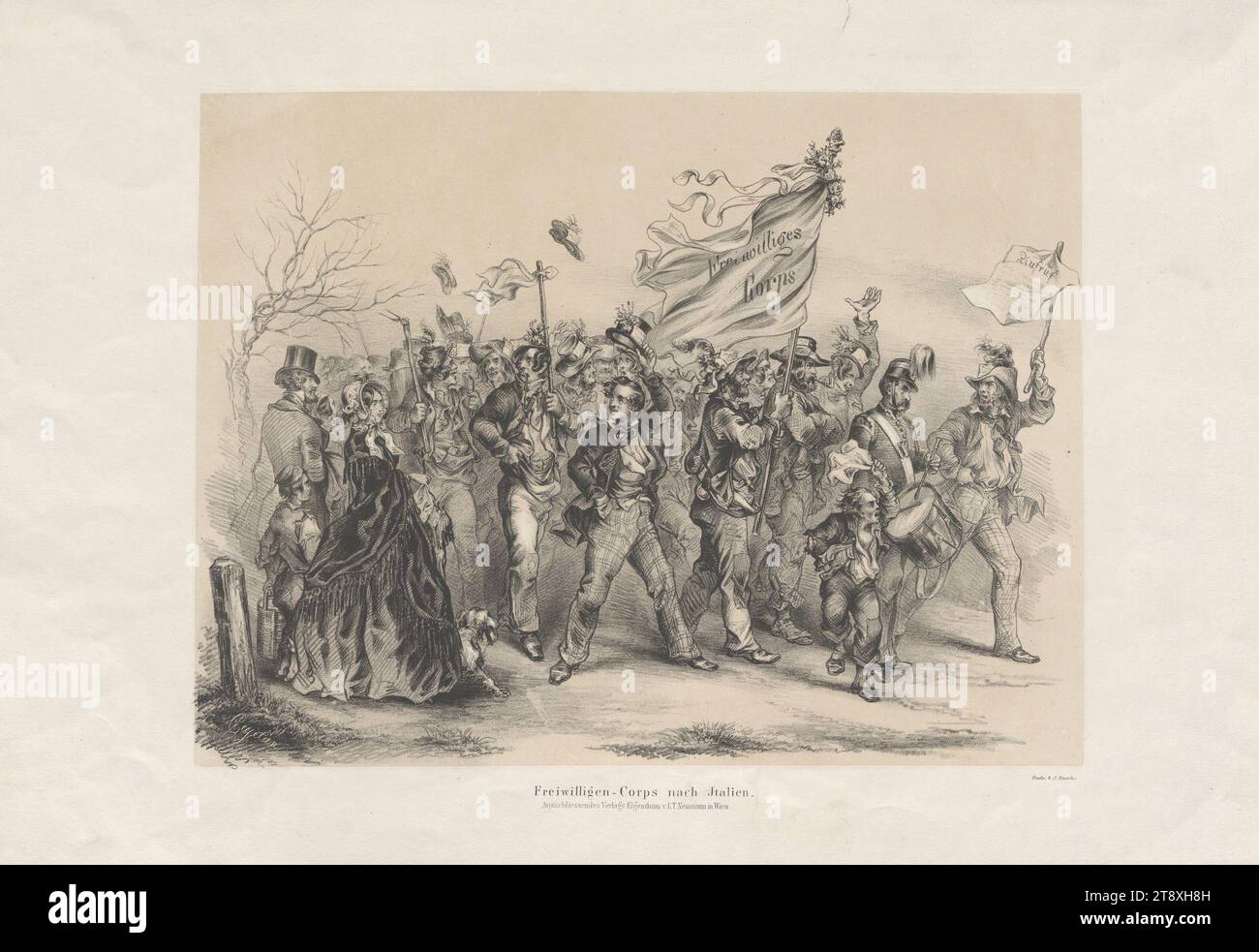 Freiwilligen-Corps nach Jtalien (!)." (Am 1. April 1848), Anton Elfinger ('Cajetan') (1821-1864), Lithograph, Johann Rauh (1803-1863), Drucker, Leopold Theodor Neumann (1804-1876), Verlag, 1848, Papier, Kreidelithographie, Höhe 31, 2 cm, Breite 45, 7 cm, Militär, Revolutionen von 1848, 1849, der Soldat; das Leben des Soldaten, die Sammlung Wien Stockfoto
