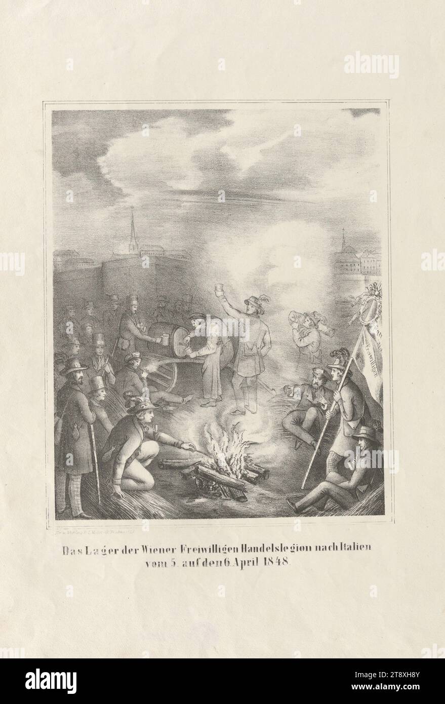 Das Lager der Wiener Freiwilligen Handelslegion nach Italien ab 5. Bis 6. April 1848.", L. Mossbeck, Verlag, 1848, Paper, Kreide-Lithographie, Höhe 44, 7 cm, Breite 29, 7 cm, schöne Künste, Militär, Revolutionen von 1848, 1849, der Soldat; das Leben des Soldaten, die Wiener Sammlung Stockfoto