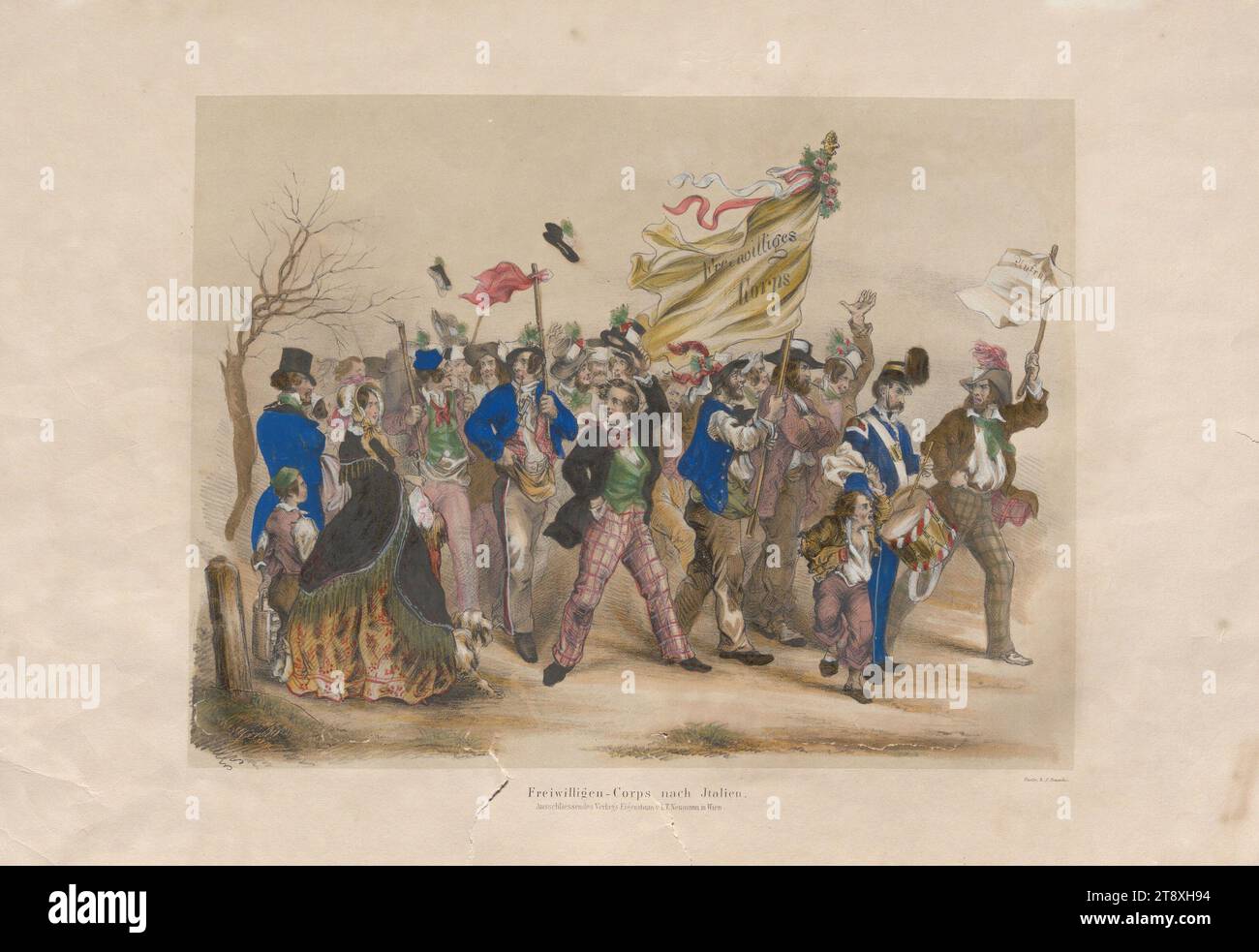 Freiwilligen-Corps nach Jtalien (!)." (Am 1. April 1848), Anton Elfinger ('Cajetan') (1821-1864), Lithograph, Johann Rauh (1803-1863), Drucker, Leopold Theodor Neumann (1804-1876), Verlag, 1848, Papier, farbig, Kreide-Lithographie, Höhe 30, 7 cm, Breite 45, 6 cm, Militär, Revolutionen von 1848, 1849, der Soldat, das Leben des Soldaten, Die Wiener Sammlung Stockfoto