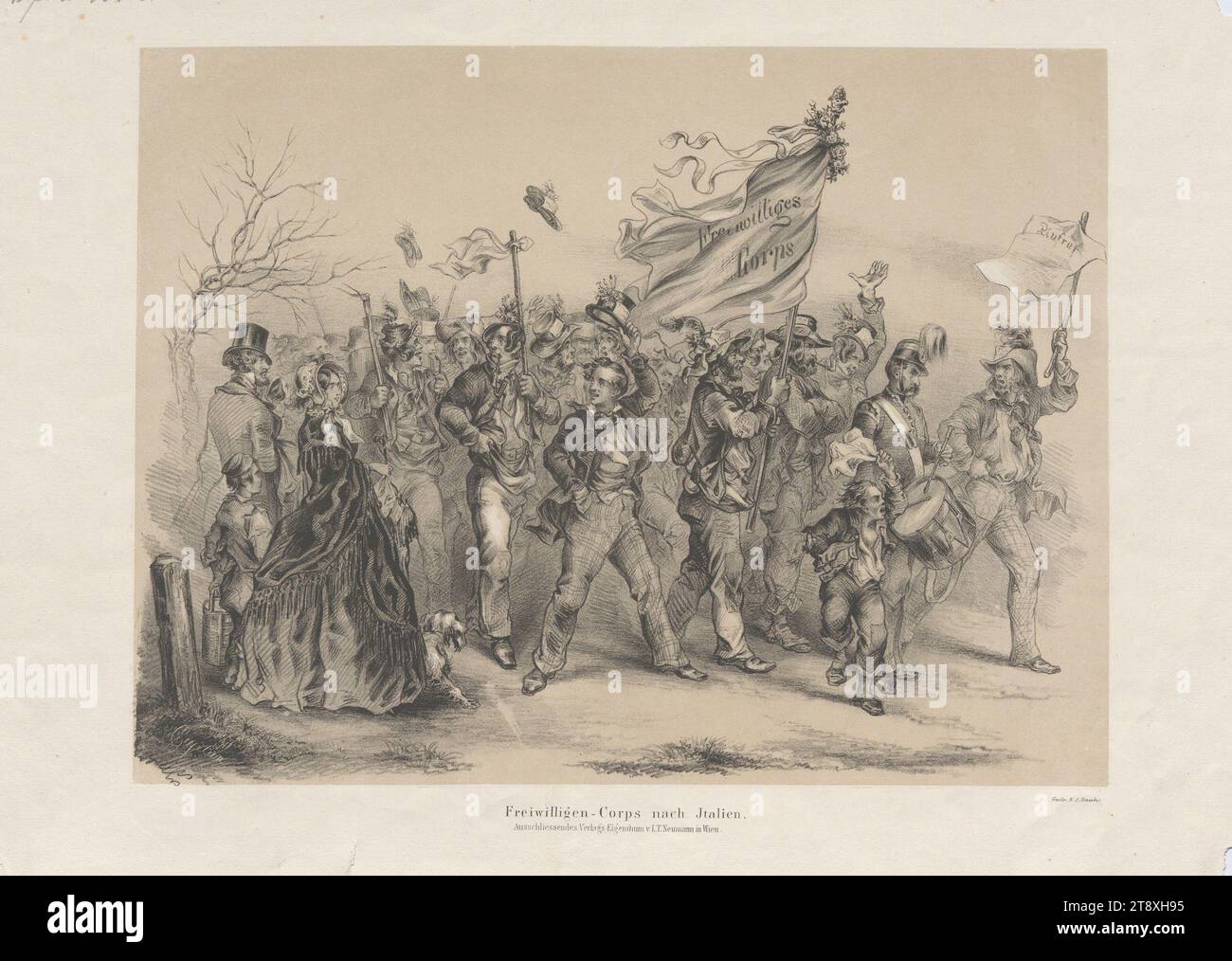 Freiwilligen-Corps nach Jtalien (!)." (Am 1. April 1848), Anton Elfinger ('Cajetan') (1821-1864), Lithograph, Johann Rauh (1803-1863), Drucker, Leopold Theodor Neumann (1804-1876), Verlag, 1848, Papier, Kreidelithographie, Höhe 28, 7 cm, Breite 40, 6 cm, Militär, Revolutionen von 1848, 1849, der Soldat; das Leben des Soldaten, die Sammlung Wien Stockfoto
