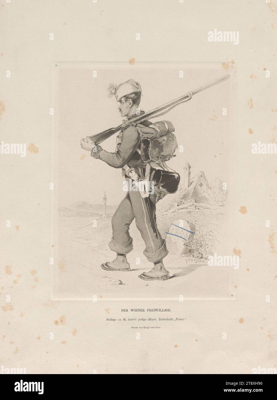 DER WIENER FREIWILLIGE." (In Italien 1848) (Beilage zu "Faust. Poligrafisch illustrirte Zeitschrift für Kunst, Wissenschaft, Industrie, und geselliges Leben'), Thomas Benedetti (1796-1863), Stahlgravierer, M. Auer, Herausgeber, F. Kargl, Drucker, 1848, Papier, Stahlstich, Höhe 35, 7 cm, Breite 26, 3 cm, Bildende Kunst, Militär, 1848er-Umdrehungen, 1849, der Soldat; das Leben des Soldaten, (militärische) Uniformen, die Sammlung Wien Stockfoto