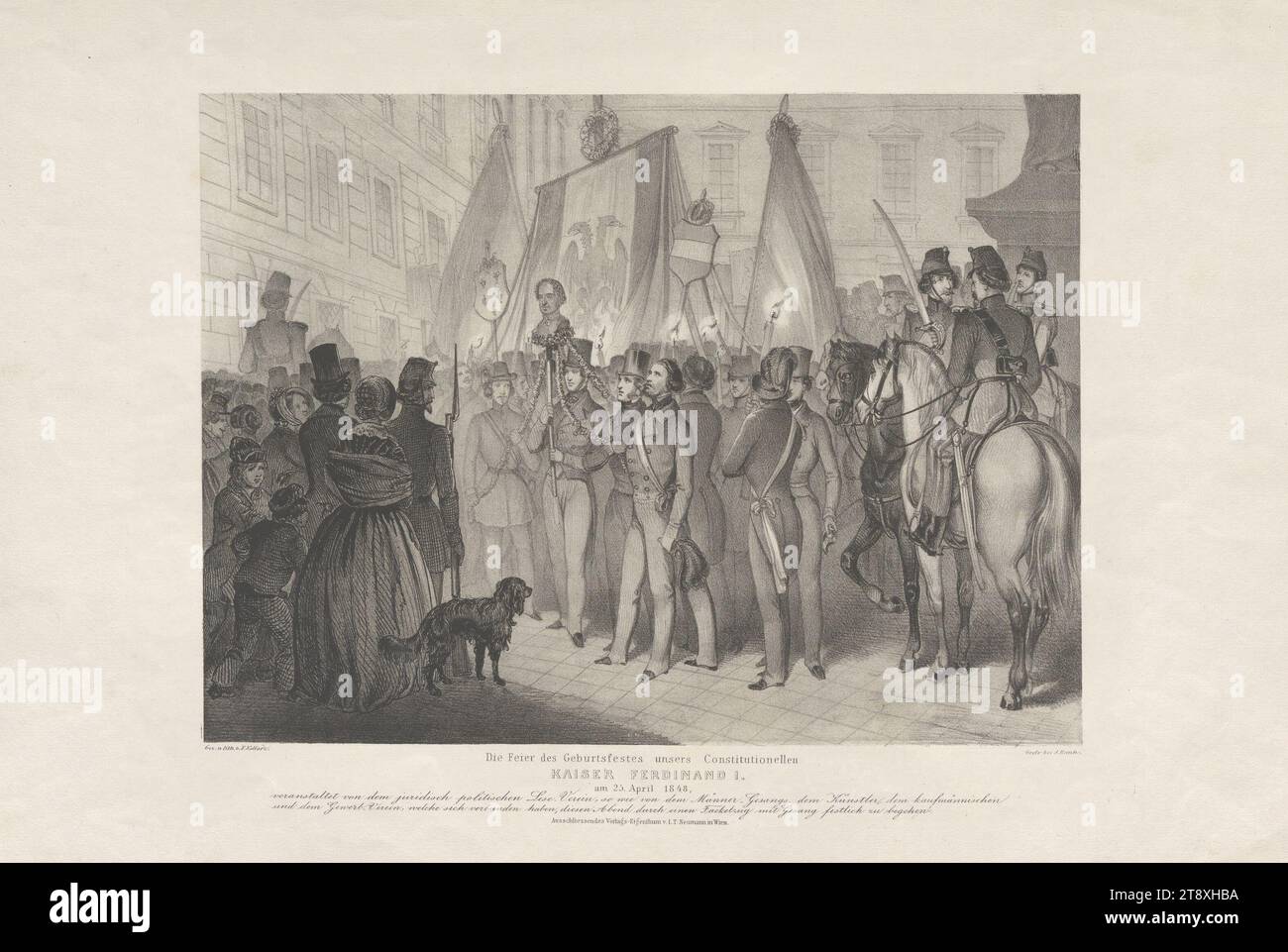 Die Geburt unseres Verfassungsträgers KAISER FERDINAND I. am 25. April 1848, (...)", Franz Kollarz (Kolář) (1825-1894), Lithograph, Johann Rauh (1803-1863), Drucker, Leopold Theodor Neumann (1804-1876), Verlag, 1848, Papier, Kreidelithographie, Höhe 30, 6 cm, Breite 45, 7 cm, Habsburg, Bildende Kunst, Revolutionen von 1848, 1849, öffentliche Feierlichkeiten, die Wiener Sammlung Stockfoto