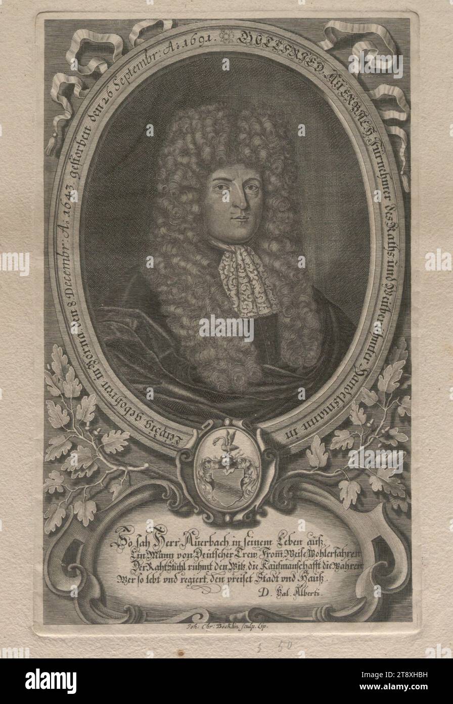 GOTTFRIED AUERBACH Fürnehmer des Raths und Weitberühmter Handelsmann in Leipzig, geboren in Borna, (...) 1643, gestorben (...) 1691', Johann Christoph Böcklin (auch Boecklin) (1657-1709), Kupferstecher, Datum nach 1691, Papier, Kupferstich, Ätzen, Höhe 33 cm, Breite 23 cm, Plattengröße 29, 3x18, 1 cm, Bildende Kunst, Nachlass Constantin von Wurzbach, Porträt, Mann, Sammlung Wien Stockfoto