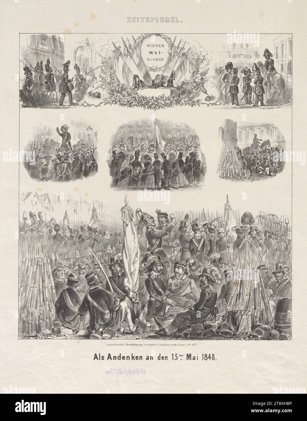 ZEITSPIEGEL, WIEN, MAI, BLUMEN, in Gedenken an den 15. Mai 1848', Johann Höfelich (1796-1849), Verlag, 1848, Papier, kreideartige Lithographie, Höhe 34, 2 cm, Breite 26 cm, Bildende Künste, Revolutionen von 1848, 1849, Militär, der Soldat, das Leben des Soldaten, Die Wiener Sammlung Stockfoto