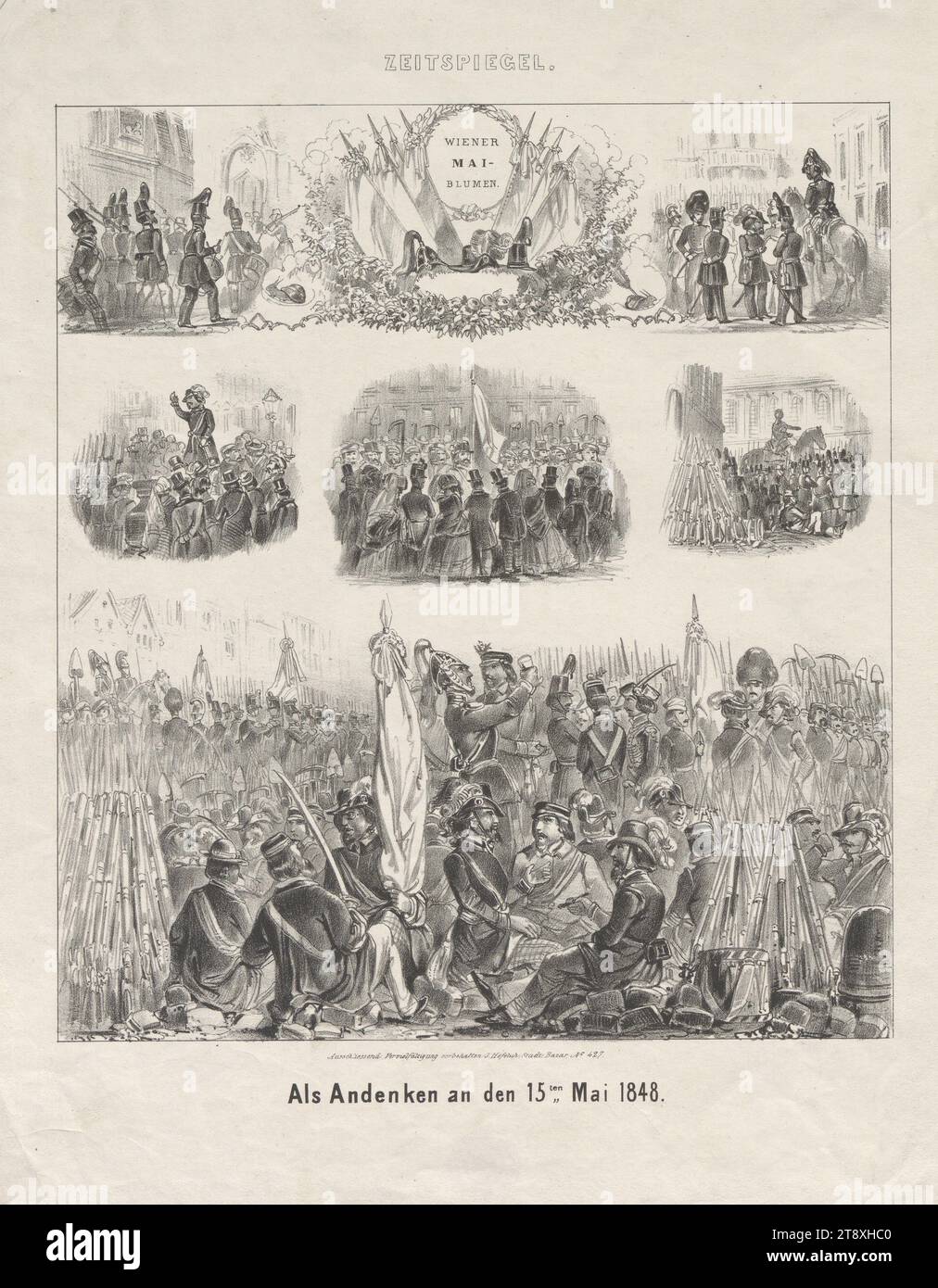 ZEITSPIEGEL, WIEN, MAI, BLUMEN, in Gedenken an den 15. Mai 1848', Johann Höfelich (1796-1849), Verlag, 1848, Papier, Kreide-Lithographie, Höhe 34, 3 cm, Breite 26, 1 cm, schöne Künste, Revolutionen von 1848, 1849, Militär, der Soldat; das Leben des Soldaten, die Wiener Sammlung Stockfoto