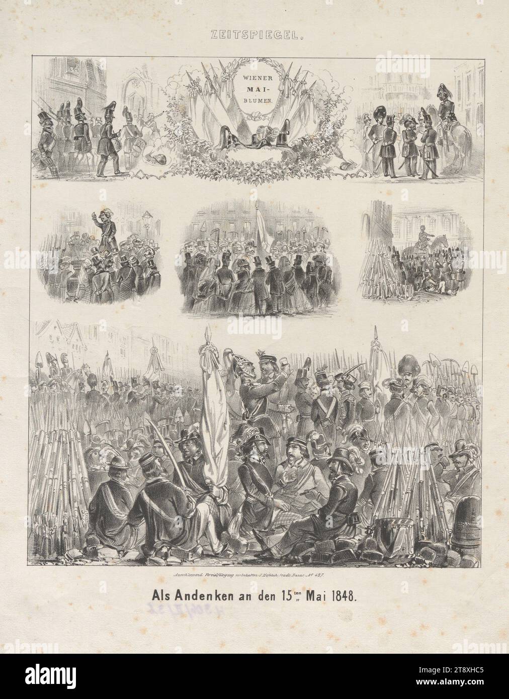 ZEITSPIEGEL, WIEN, MAI, BLUMEN, in Gedenken an den 15. Mai 1848', Johann Höfelich (1796-1849), Verlag, 1848, Papier, Kreide-Lithographie, Höhe 34, 5 cm, Breite 26, 4 cm, schöne Künste, Revolutionen von 1848, 1849, Militär, der Soldat; das Leben des Soldaten, die Wiener Sammlung Stockfoto