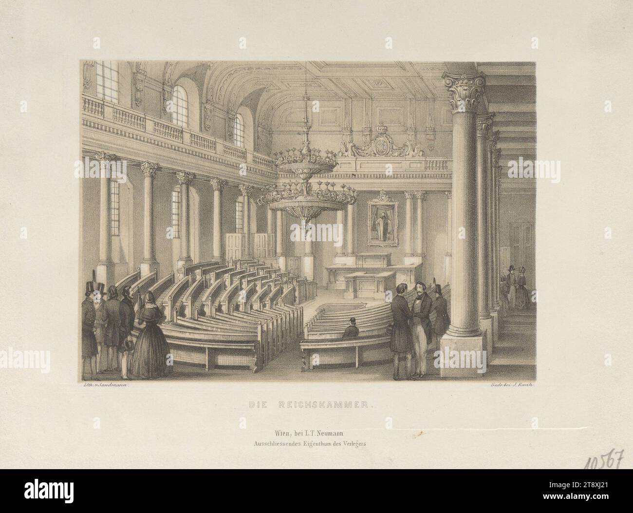 DIE REICHSTAGSKAMMER." (Reichstagssaal in der Winterreitschule am 10. Juli 1848), Franz Josef Xaver Sandmann (1805-1856), Lithograph, Johann Rauh (1803-1863), Drucker, Leopold Theodor Neumann (1804-1876), Verlag, 1848, Papier, Kreidelithographie, Höhe 20,2 cm, Breite 26,7 cm, Bildende Kunst, Politik, Umdrehungen von 1848, 1849, 1. Bezirk: Innere Stadt, Parlament, Hofburg, Sammlung Wien Stockfoto