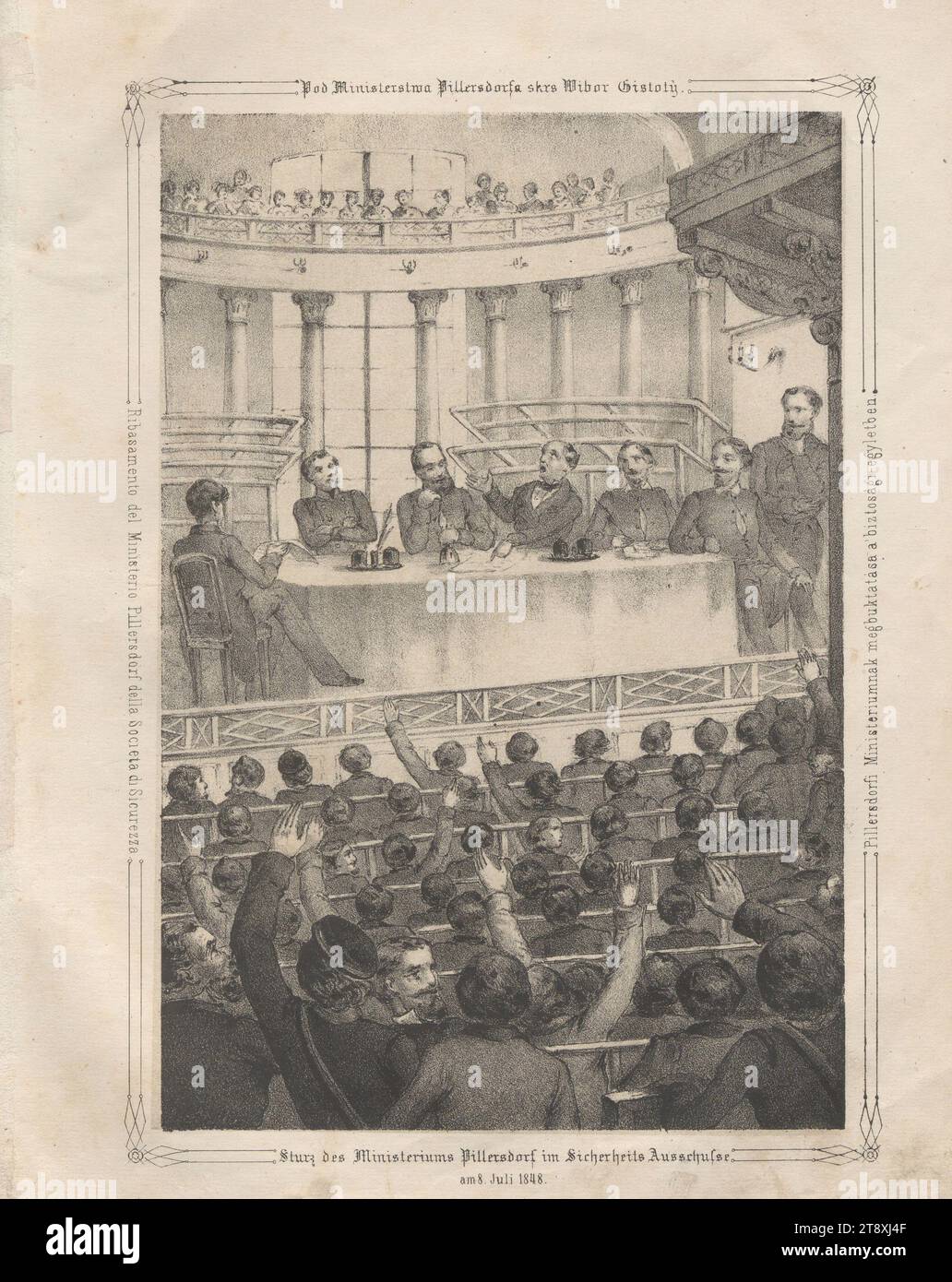 Fall des Ministeriums Pillersdorf im Sicherheitsausschuss am 8. Juli 1848." (Nr. 17 aus: "Vaterländische Bilder-Chronik aus der Geschichte des österreichischen Kaiserstaates ..."), 1849, Papier, Kreidelithographie, Höhe 27,9 cm, Breite 21,7 cm, Umdrehungen von 1848, 1849, Politik, Bildende Kunst, minister  Regierung, Wiener Sammlung Stockfoto