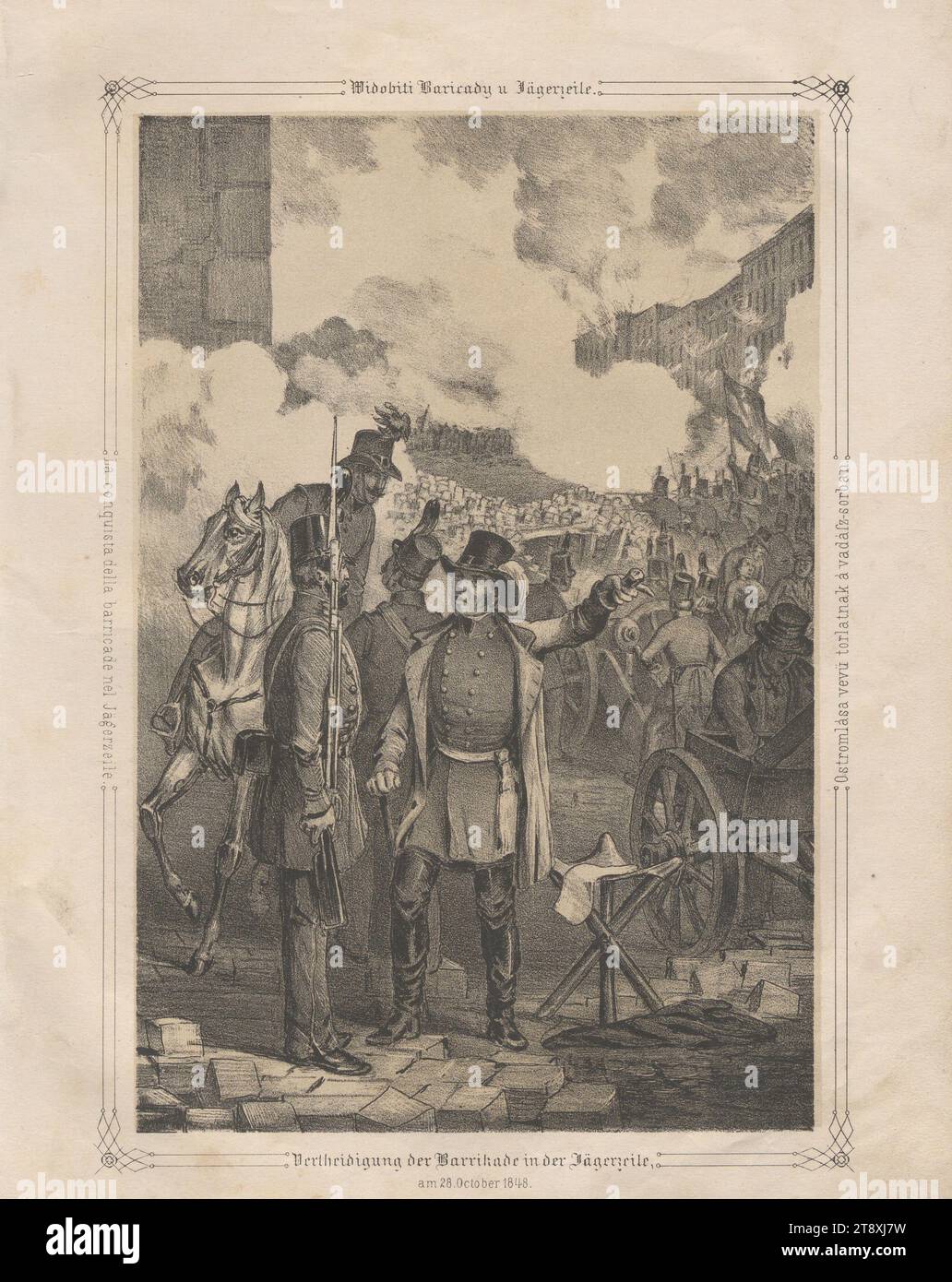 Verteidigung der Barrikade in Jägerzeile am 28. Oktober 1848." (Nr. 24 aus: "Vaterländische Bilder-Chronik aus der Geschichte des österreichischen Kaiserstaates ..."), 1849, Papier, Kreidelithographie, Höhe 28 cm, Breite 21,8 cm, Fine Art, Militär, Umdrehungen 1848, 1849, 2. Bezirk: Leopoldstadt, Hindernisse in den Straßen; Barrikaden, Schlacht, Schlachten im Allgemeinen, der Soldat; das Leben des Soldaten. die Wiener Sammlung Stockfoto