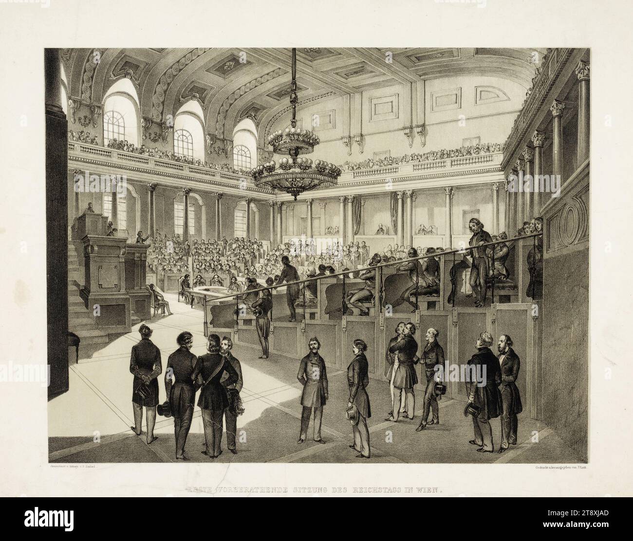 ERSTE VORSITZUNG DES REICHSTAGS IN WIEN." (Am 10. Juli 1848), Franz Kollarz (Kolář) (1825-1894), Lithograph, Johann Rauh (1803-1863), Drucker, 1848, Papier, Kreidelithographie, Höhe 41,9 cm, Breite 53,5 cm, Bildende Kunst, Revolutionen 1848, 1849, Politik, 1: innere Stadt, Debatte, Diskussion ( parlament), parlament, Sammlung Wien Stockfoto