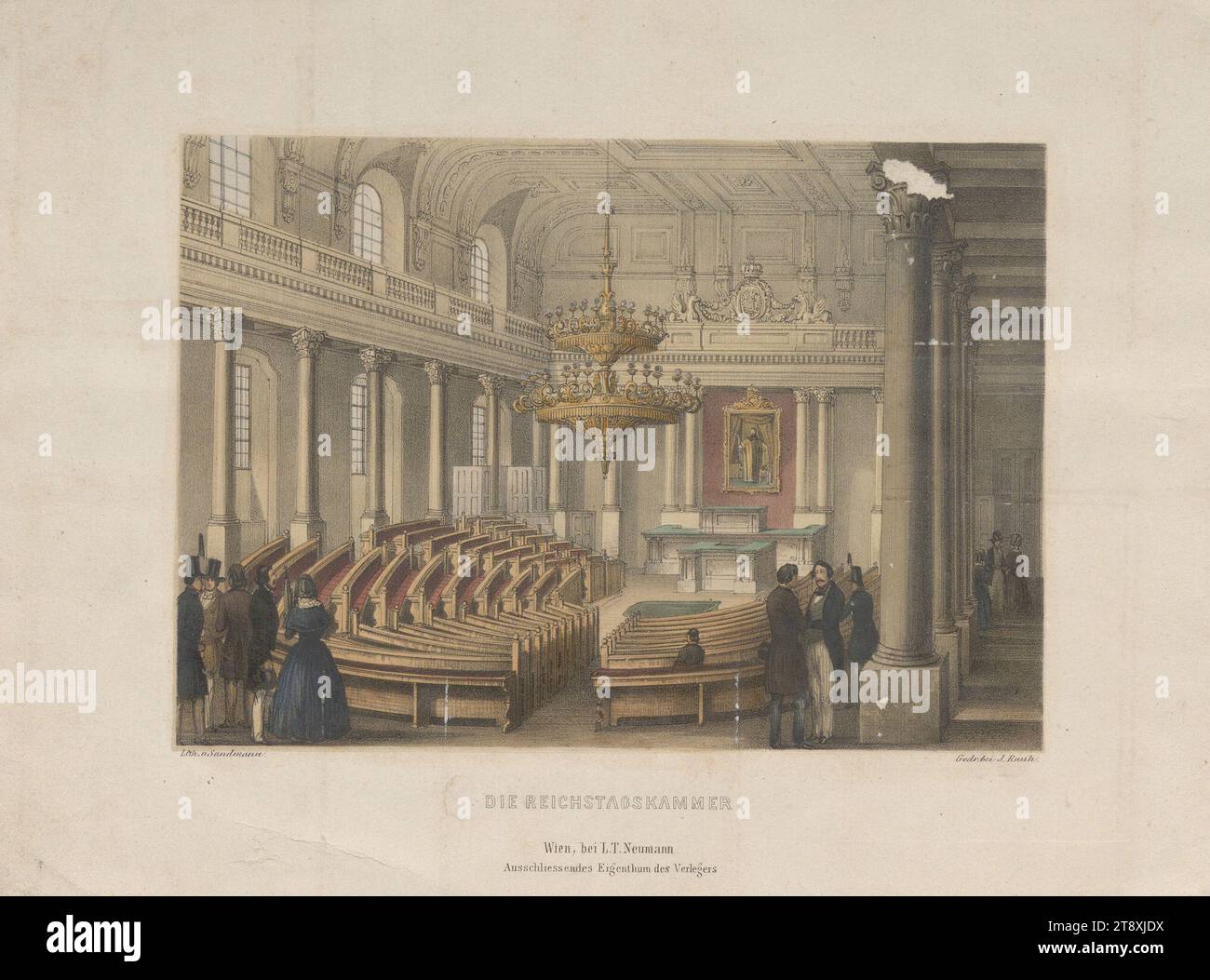 DIE REICHSTAGSKAMMER." (Reichstagssaal in der Winterreitschule am 10. Juli 1848), Franz Josef Xaver Sandmann (1805-1856), Lithograph, Johann Rauh (1803-1863), Drucker, Leopold Theodor Neumann (1804-1876), Verlag, 1848, Papier, farbig, Kreidelithographie, Höhe 19,9 cm, Breite 27,1 cm, Bildende Kunst, Politik, Revolutionen von 1848, 1849, 1. Bezirk: Innere Stadt, parlament, Hofburg, Sammlung Wien Stockfoto