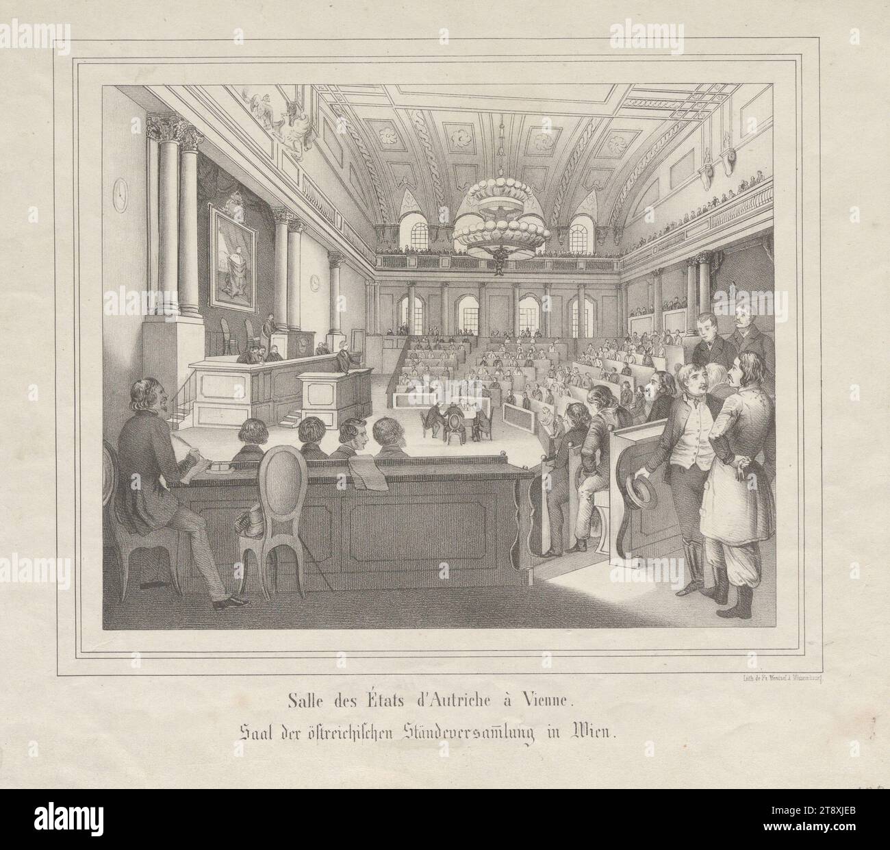 Salle des états d’Autriche à Vienne, Saal der Österreichischen Reichsversammlung in Wien. (Die Eröffnungssitzung des Reichstags in der Winterreitschule am 22. Juli 1848), P. Wentzel, Lithografie, 1848, Papier, Kreidellithographie, Höhe 28 cm, Breite 31,3 cm, Umdrehungen von 1848, 1849, Bildende Künste, Revolutionen von 1848, 1849, Politik, 1. Bezirk: Innere Stadt, Parlament, Hofburg, Wiener Sammlung Stockfoto