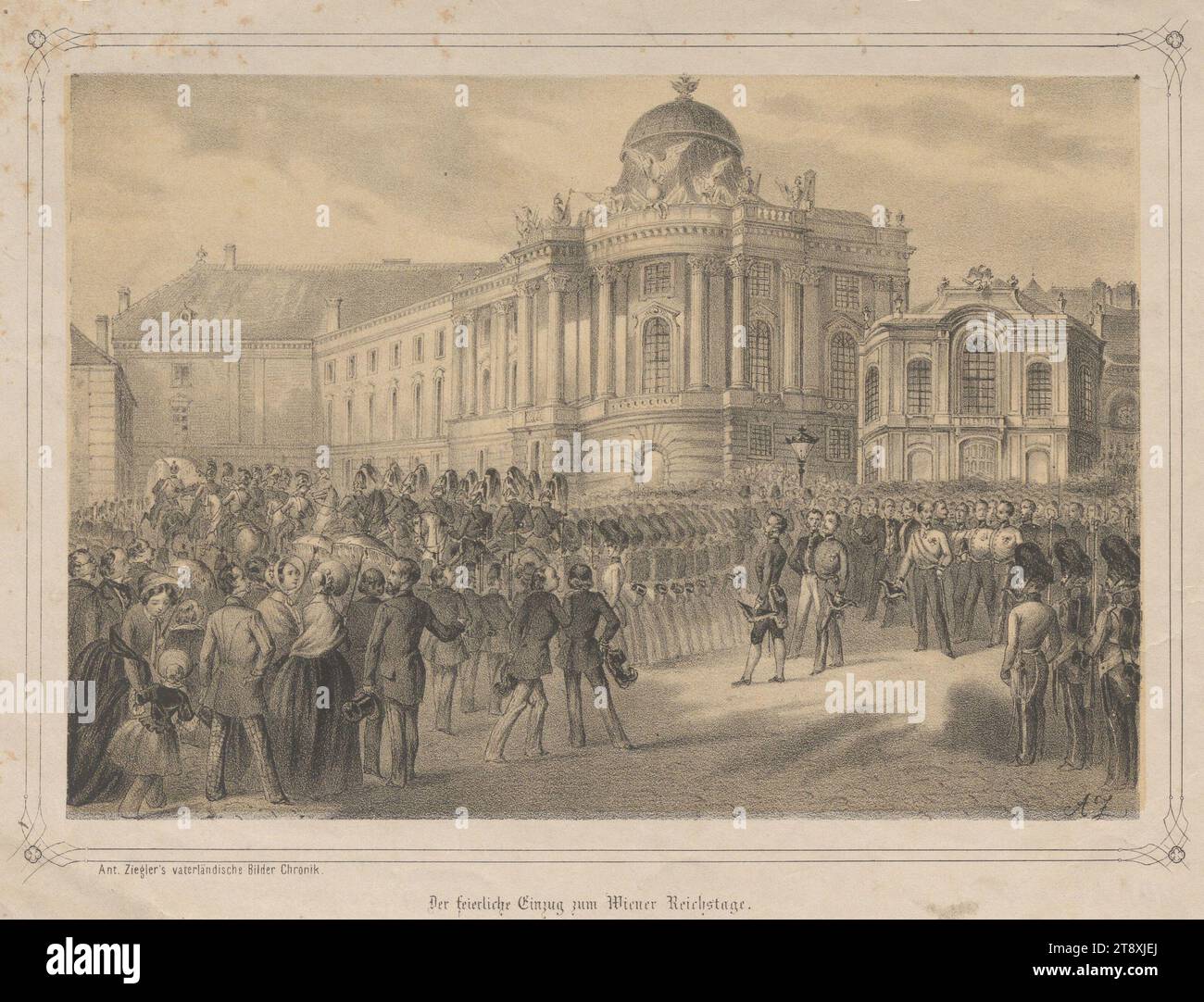 Der feierliche Eintritt in den Wiener Reichstag. (Am 22. Juli 1848) (aus: Vaterländische Bilder-Chronik aus der Geschichte des österreichischen Kaiserstaates ...), 1849, Papier, Kreidelithographie, Höhe 20,1 cm, Breite 26,3 cm, öffentliche Feste und Feste, Revolutionen von 1848, 1849, Politik, 1. Bezirk: innere Stadt, öffentliche Feste., Sammlung Wien Stockfoto