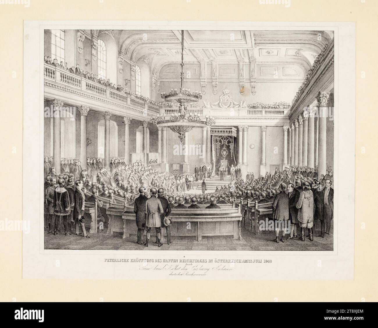 FEYERLICHE ERÖFFNUNG DES ersten REICHSTAGES IN ÖSTERREICH AM 22. JULI 1848, durch, seine kaisl: Hohe den Erzherzog Johann, deutsche Reichsverweser.", Johann Höfelich (1796-1849), Herausgeber, 1848, Papier, Kreidelithographie, Höhe 39, 8 cm, Breite 47 cm, Habsburg, Politik, Bildende Künste, Revolutionen von 1848, 1849, 1. Bezirk: Innere Stadt, parlament, Sammlung Wien Stockfoto