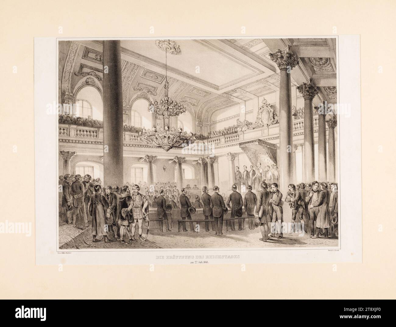 DIE ERÖFFNUNG DES REICHSTAGES, AM 22. Juli 1848.“ (Von Erzherzog Johann), Richter, Lithograph, Johann Rauh (1803-1863), Drucker, 1848, Papier, Kreidelithographie, Höhe 45,4 cm, Breite 55,9 cm, Habsburger, Revolutionen von 1848, 1849, Bildende Künste, Politik, 1. Bezirk: Innere Stadt, parlament, Sammlung Wien Stockfoto