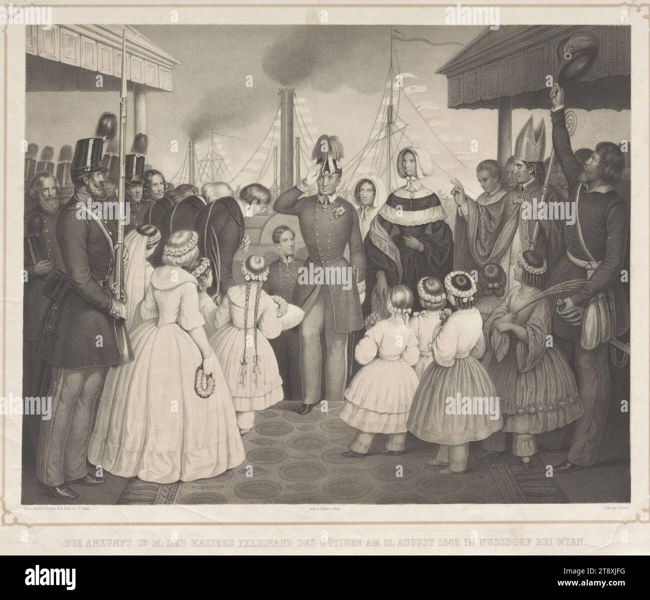 DIE ANKUNFT VON SR: M: KAISER FERDINAND DER WOHLTÄTIGE IN NUSSDORF BEI WIEN AM 12. AUGUST 1848. (Ferdinand I und Maria Anna Carolina), Josef Anton Bauer (1820-1905), Lithograph, 1848, Papier, Kreidelithographie, Höhe 40 cm, Breite 46,8 cm, Bildende Künste, Habsburger, öffentliche Feste und Feste, Revolutionen von 1848, 1849, Wiener Umgebung, 19: Döbling, Königin; Kaiserin, öffentliche Feste, König; Kaiser, Herrscher, Herrscher, die Wiener Sammlung Stockfoto