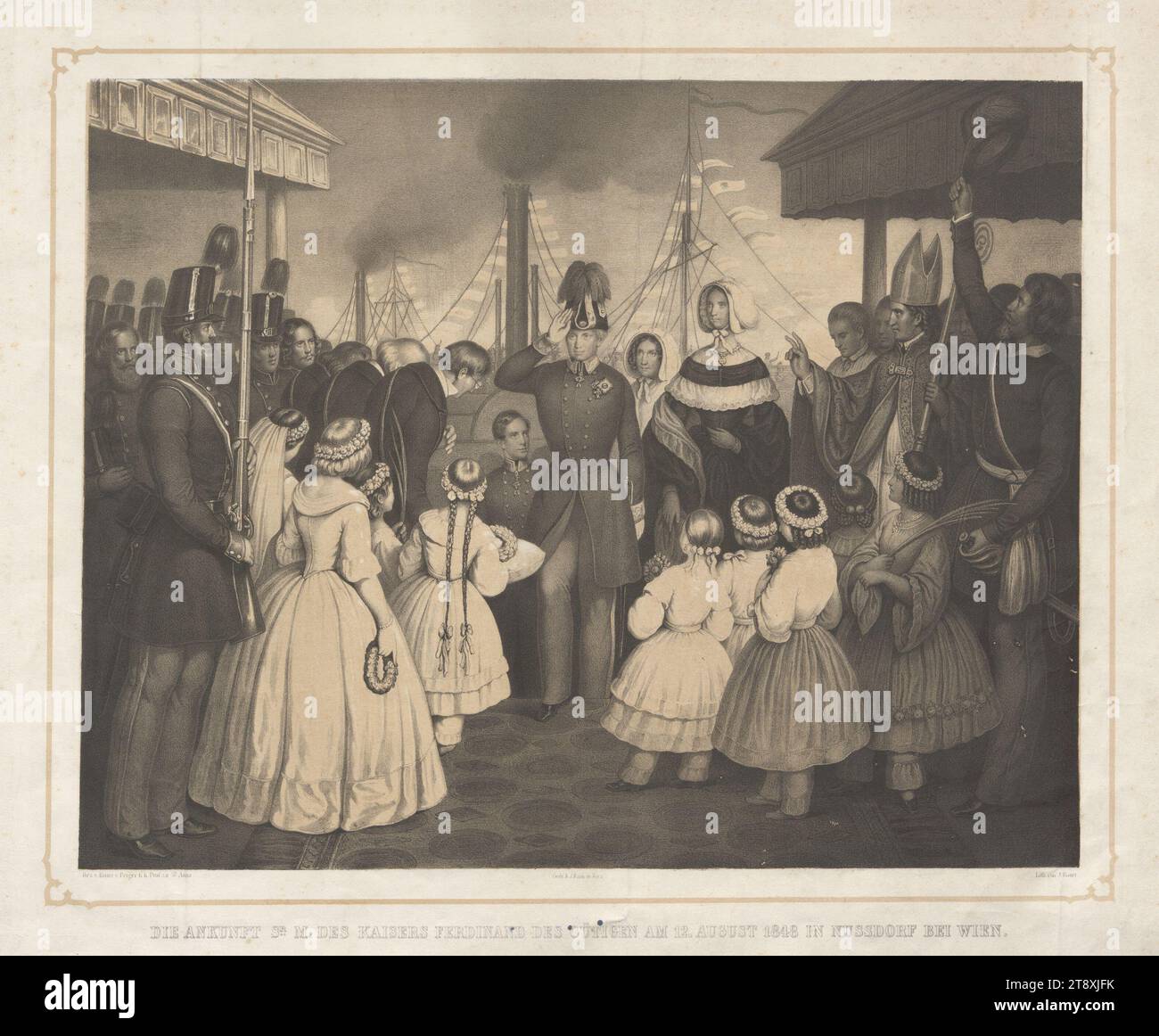 DIE ANKUNFT VON SR: M: KAISER FERDINAND DER WOHLTÄTIGE IN NUSSDORF BEI WIEN AM 12. AUGUST 1848. (Ferdinand I und Maria Anna Carolina), Josef Anton Bauer (1820-1905), Lithographie, 1848, Papier, Kreidelithographie, Höhe 42,3 cm, Breite 51 cm, Bildende Künste, Habsburger, öffentliche Feste und Feste, Revolutionen von 1848, 1849, Wiener Umgebung, 19. Bezirk: Döbling, Königin; Kaiserin, öffentliche Feste, König; Kaiser, Herrscher, Herrscher, die Wiener Sammlung Stockfoto