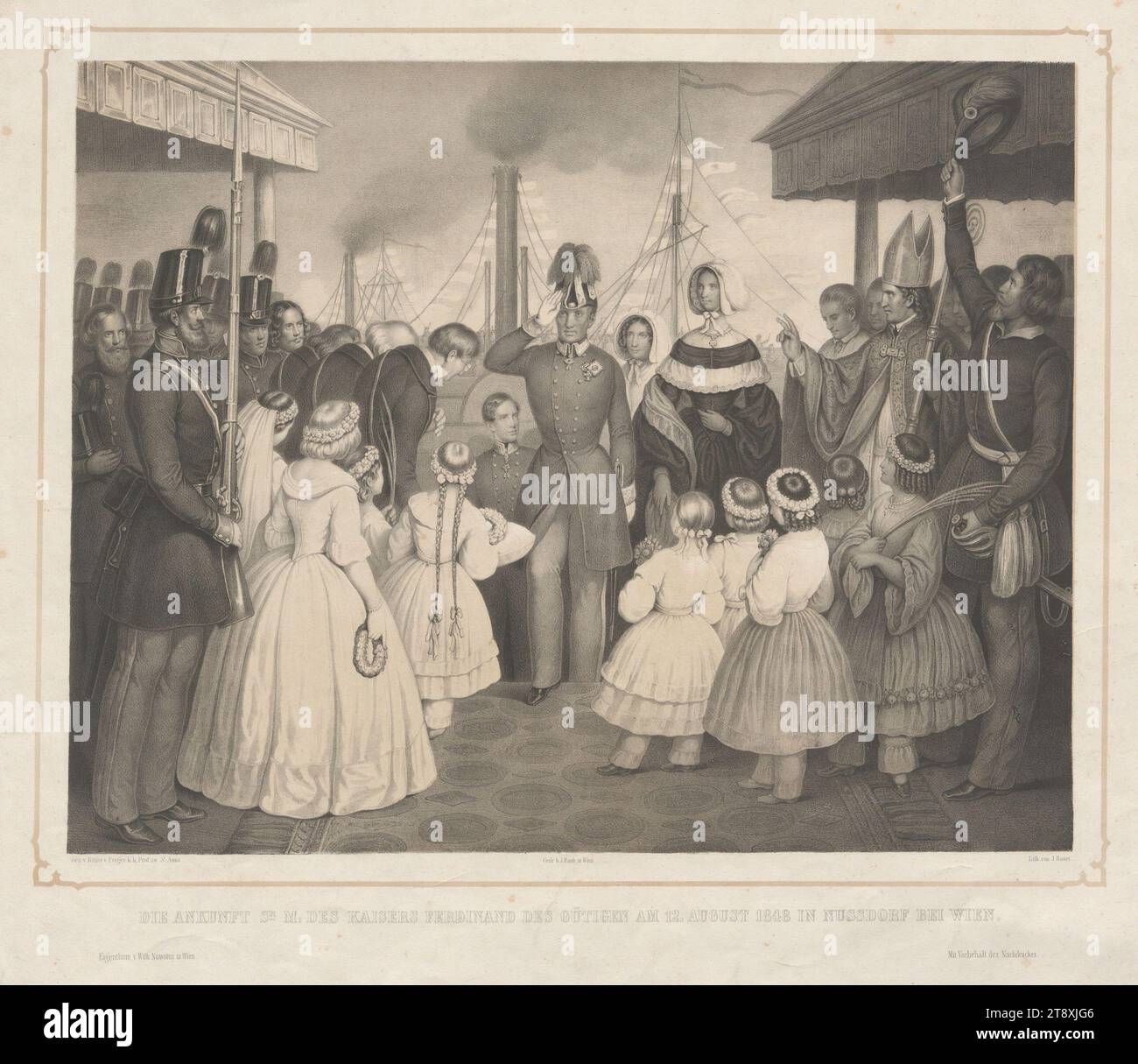 DIE ANKUNFT DES KAISERS FERDINAND DES WOHLWOLLENDEN AM 12. AUGUST 1848 IN NUSSDORF BEI WIEN. (Ferdinand I und Maria Anna Carolina), Josef Anton Bauer (1820-1905), Lithographie, 1848, Papier, Kreidelithographie, Höhe 43,9 cm, Breite 49,9 cm, Bildende Künste, Habsburger, öffentliche Feste und Feste, Revolutionen von 1848, 1849, Wiener Umgebung, 19: Döbling, Königin; Kaiserin, öffentliche Feste, König; Kaiser, Herrscher, Herrscher, die Wiener Sammlung Stockfoto