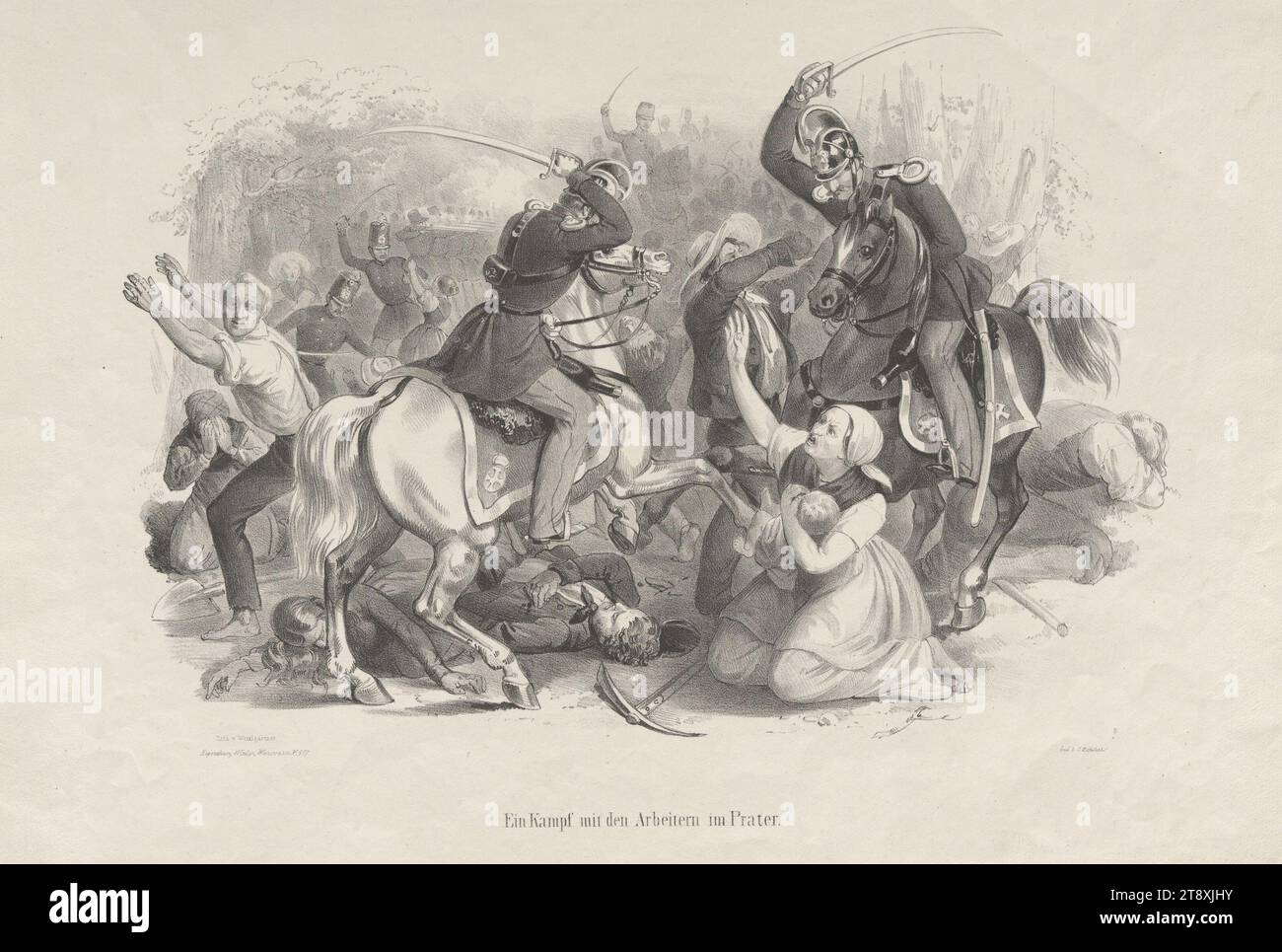 Ein Kampf mit den Arbeitern im Prater (am 23. August 1848), Eduard Weixelgärtner (Weixlgärtner) (1816–1873), Lithograf, Johann Höfelich (1796–1849), Drucker, 1848, Papier, Kreidelithographie, Höhe 29,8 cm, Breite 44,6 cm, Arbeiter, Militär, Prater, Revolutionen von 1848, 1849, 2. Bezirk. Bezirk: Leopoldstadt, reiten auf Pferd, Esel oder Maultier; Reiter, Reiterin, der Soldat; das Leben des Soldaten, kniende Figur, Frau, Mutter und Baby oder Kleinkind, Sammlung Wien Stockfoto
