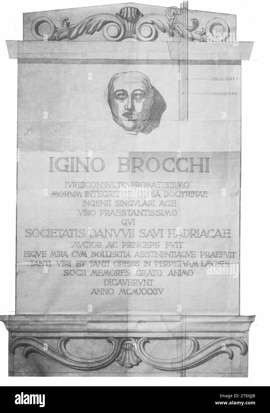 Entwurf einer Gedenktafel für Igino Brocchi, Martin Gerlach Jr. (1879-1944), Fotograf Heinrich Schmid (1885-1949), Architekt Hermann Aichinger (1885-1952), Architekt, Datum um 1937, Glas, negativ, Höhe 18,1 cm, Breite 13,1 cm, Kunst, Design, Plan ( Produktion), Wiener Sammlung Stockfoto