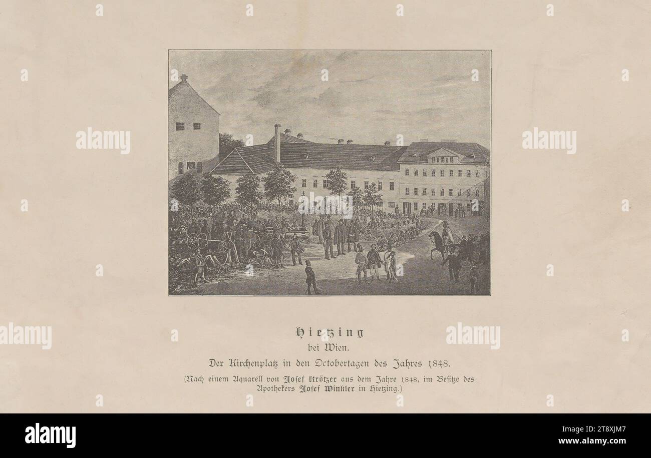 Hietzing, bei Wien, der Kirchplatz in den Oktobertagen 1848', 1901-1950, Papier, Druck nach Foto, Höhe 17,3 cm, Breite 25,3 cm, Militär, Umdrehungen von 1848, 1849, Bildende Kunst, 13. Bezirk: Hietzing, der Soldat; das Leben des Soldaten, die Sammlung Wien Stockfoto