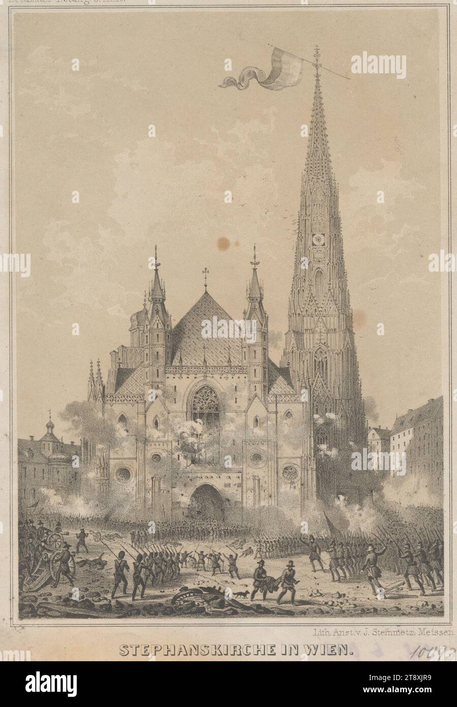 STEPHANSKIRCHE IN WIEN, 6. oktober 1848 (aus Zeitbilder, 1. jg., 6. Ausgabe), J. Steinmetz, Lithographische Anstalt, 1848, Paper, Kreidelithographie, Höhe 22, 3 cm, Breite 15, 8 cm, St. Stephansdom, Bildende Künste, Revolutionen 1848, 1849, Militär, Bezirk 1: Innenstadt, Kirche (außen), Schlacht, Schlacht im Allgemeinen, der Soldat; das Leben des Soldaten, St. Stephansdom, die Wiener Sammlung Stockfoto