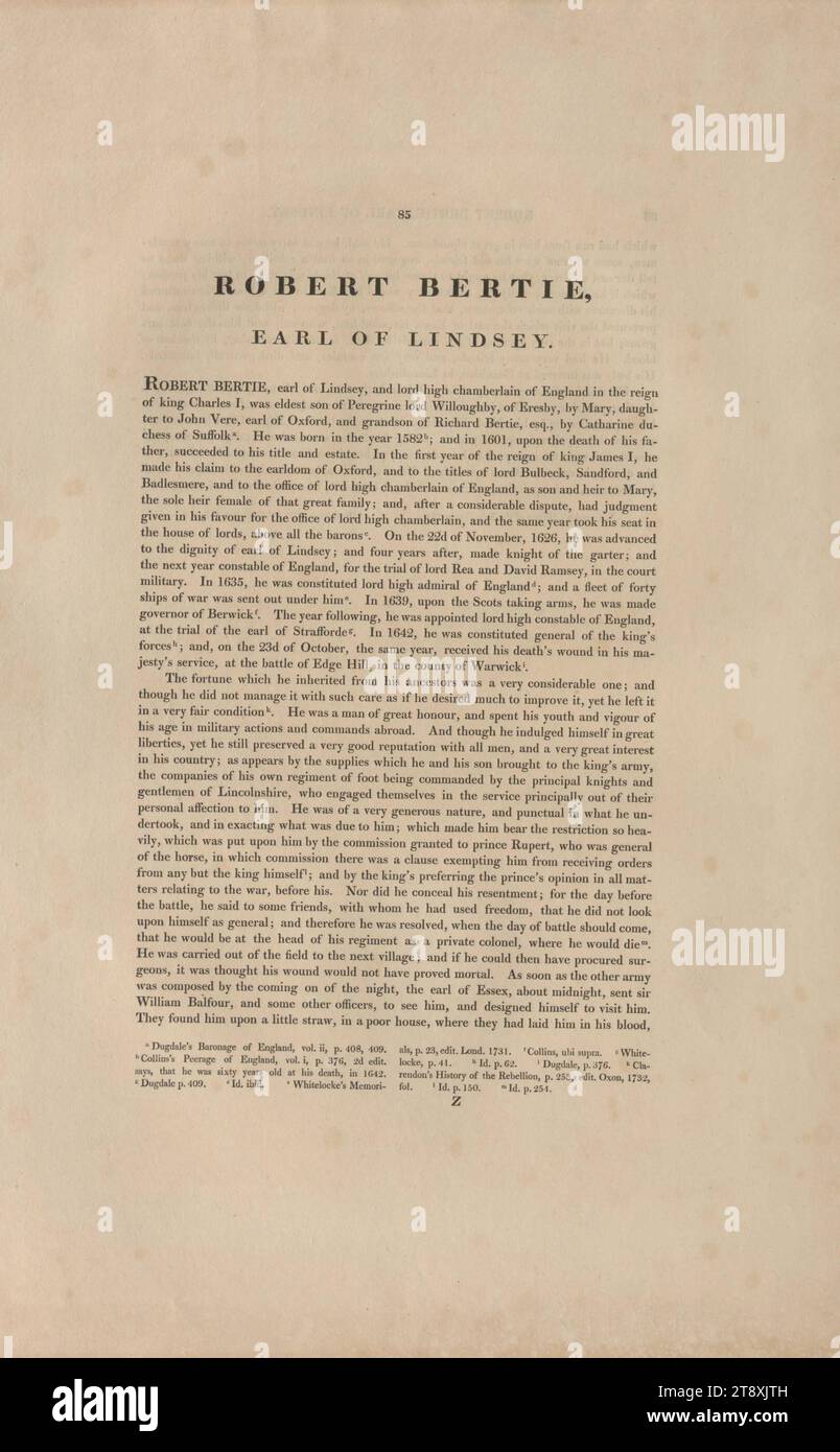 Biographie von Robert Bertie, Earl of Lindsey (aus "The Heads of illustrous Persons of Great Britain"), Unknown, 1813, Paper, Print, Höhe 50 cm, Breite 32 cm, Aristokratie, Nachlass von Constantin von Wurzbach, Biographie (Text)., Sammlung Wien Stockfoto