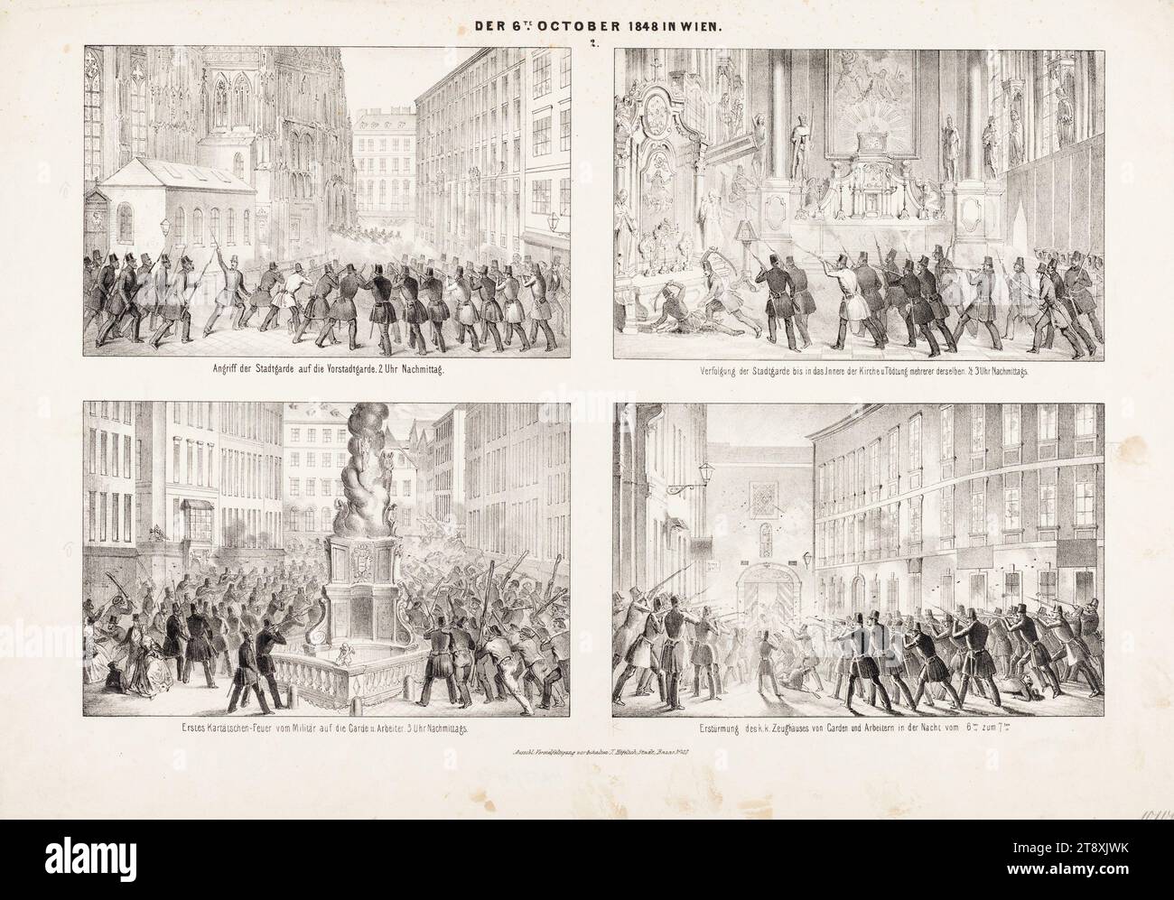 DER 6. OKTOBER 1848 IN WIEN. 2. (4 Darstellungen auf 1 Blatt), Johann Höfelich (1796-1849), Verlag, 1848, Papier, Kreidelithographie, Höhe 38,2 cm, Breite 55,3 cm, St.. Stephans Kathedrale, Bildende Künste, Revolutionen von 1848, 1849, Militär, 1. Bezirk: Innenstadt, Kirchenraum, Kampf, Kampf im Allgemeinen, der Soldat; das Leben des Soldaten, das Innere  Darstellung eines Gebäudes, die Wiener Sammlung Stockfoto