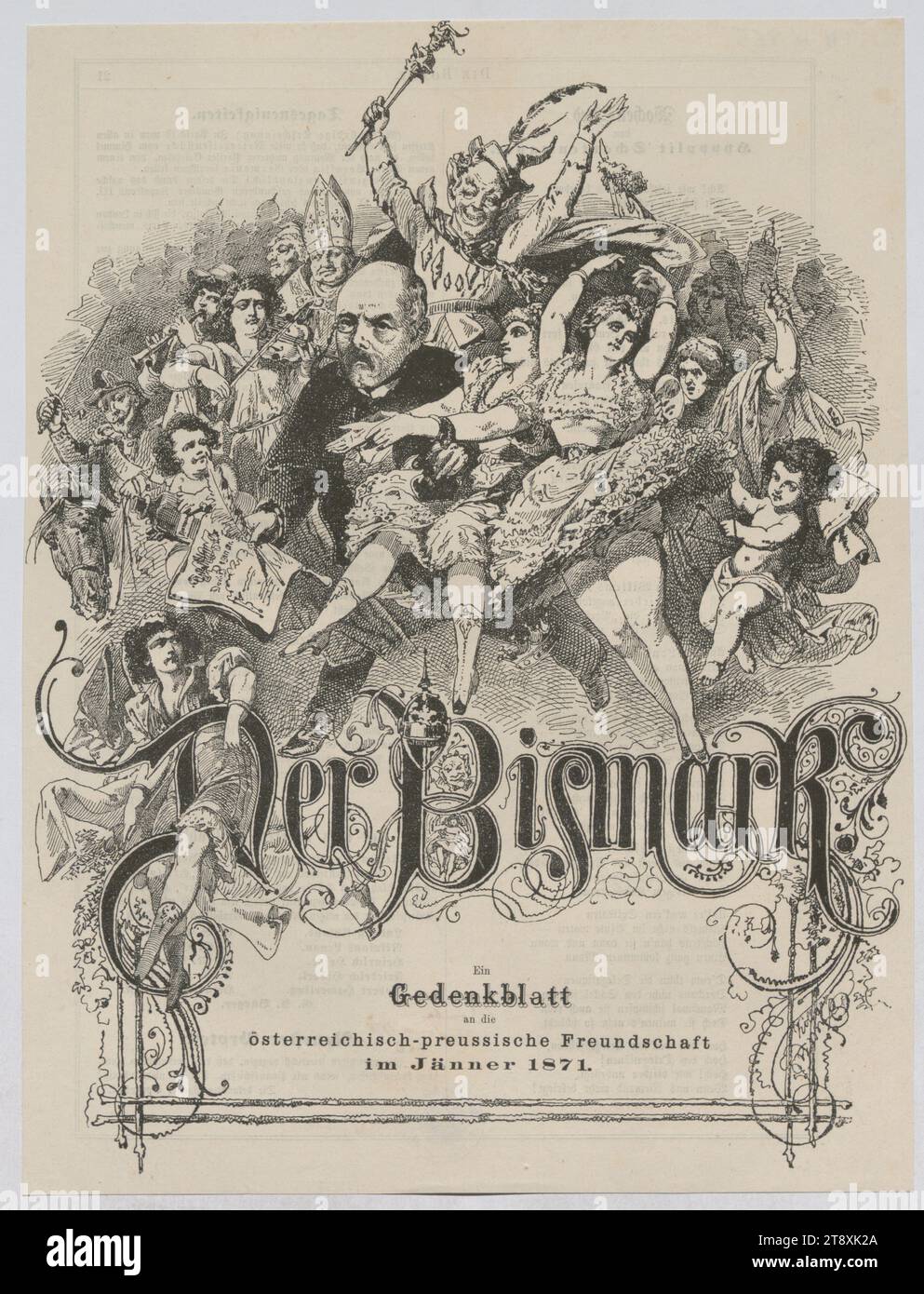 Die Bismark (sic!). Ein Gedenkbogen der österreichisch-preußischen Freundschaft im Januar 1871 (Karikatur aus der Bombe), Franz Kollarz (Kolář) (1825-1894), Karikaturist, 1871, Papier, Höhe 30,4 cm, Breite 22,8 cm, Karikatur, Satire, Bildende Kunst, Politik, Medien und Kommunikation, Karikatur, Satire, Nachlass von Constantin von Wurzbach, Mann, Politiker, wöchentlich, monatlich, Zeitschrift, etc., die Wiener Sammlung Stockfoto