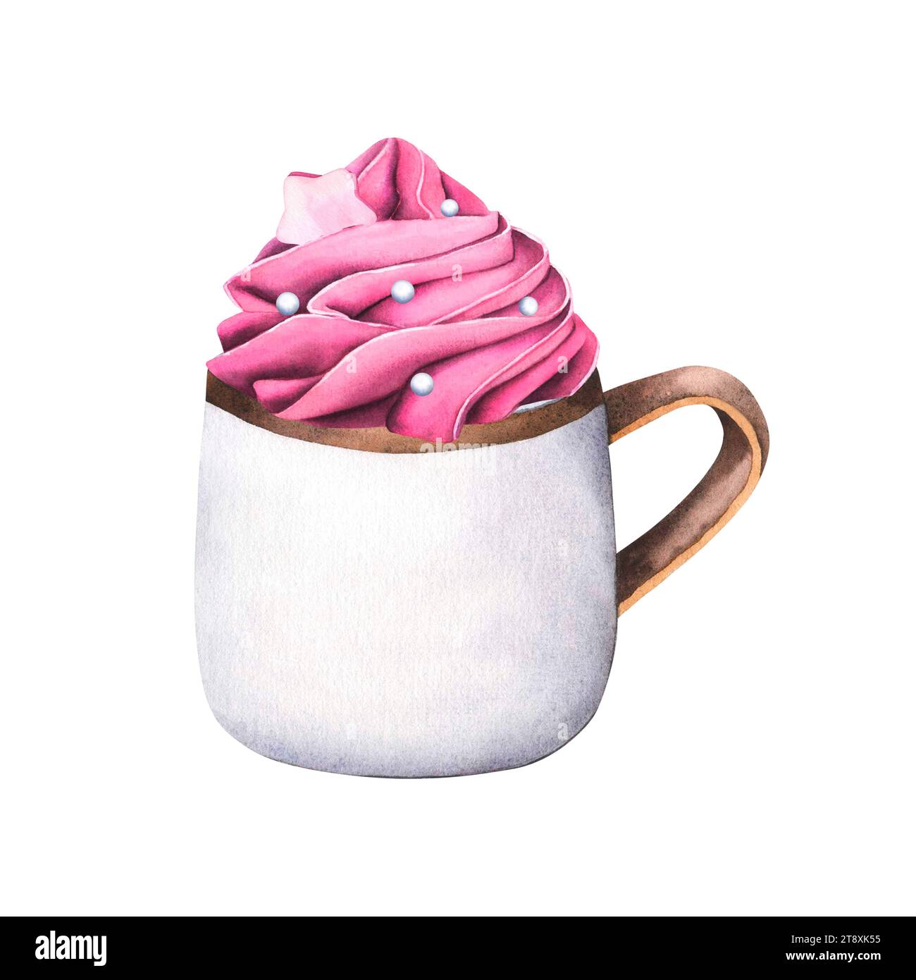 Schokoladentasse mit Heißgetränk und Schlagsahne, Süßwaren-Streusel-Topping, Stern und Perlen. Aquarell Illustration Kaffeetasse niedliches Design. Winter Stockfoto