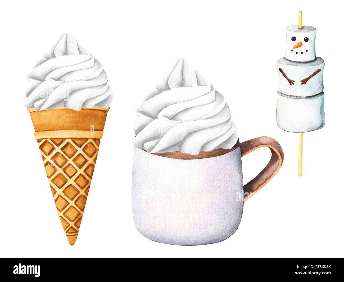 Süßes Dessert Eis, Eis, Eiskegel und Eis. Tasse mit heißem Getränk und Schlagsahne. Weihnachten Marshmallow Schneemann, Schneemänner. Aquarell i Stockfoto