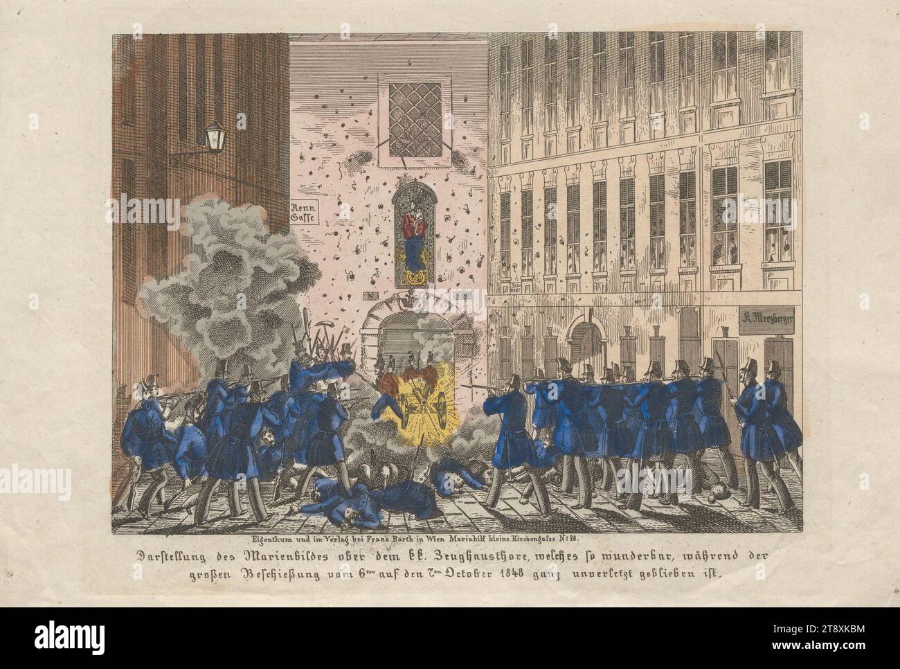 Darstellung des Marienbildes über dem KK. Zeughausthore, der so wundersam während des großen Bombardements vom 6. Bis 7. Oktober 1848 völlig unversehrt blieb.", Franz Barth (1789-1853), Verlag, 1848, Papier, farbig, Kupferstich, Höhe 20,7 cm, Breite 31,2 cm, Umdrehungen von 1848, 1849, Militär, bildende Künste, 1. Bezirk: innere Stadt, Madonna: Maria mit dem Christuskind, Schlacht, Kampf im Allgemeinen, der Soldat; das Leben des Soldaten, die Wiener Sammlung Stockfoto
