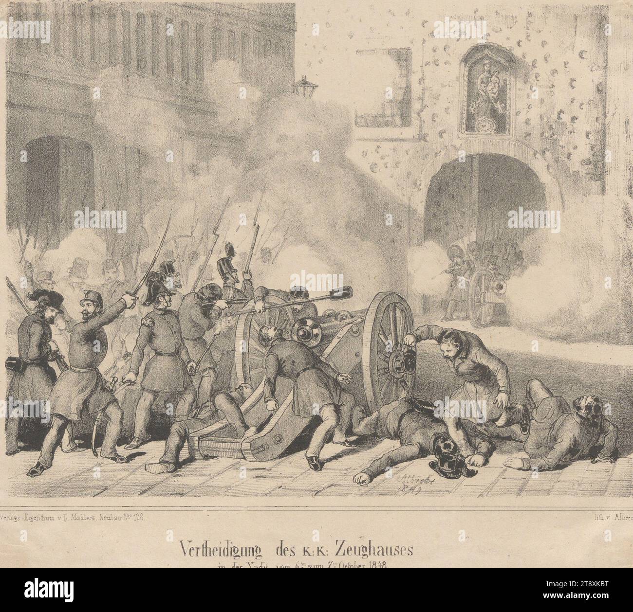 Vertheidigung des K:K: Zeughauses, in der Nacht vom 6ten zum 7ten Oktober 1848.", Joseph Albrecht, Lithograph, L. Mossbeck, Verlag, 1849, Papier, Kreidelithographie, Höhe 22,8 cm, Breite 25,1 cm, Militär, Revolutionen von 1848, 1849, Bildende Künste, 1. Bezirk: innere Stadt, der Soldat; das Leben des Soldaten, Madonna auf einer Säule, Mariensäule, Schlacht im Allgemeinen, Sammlung Wien Stockfoto