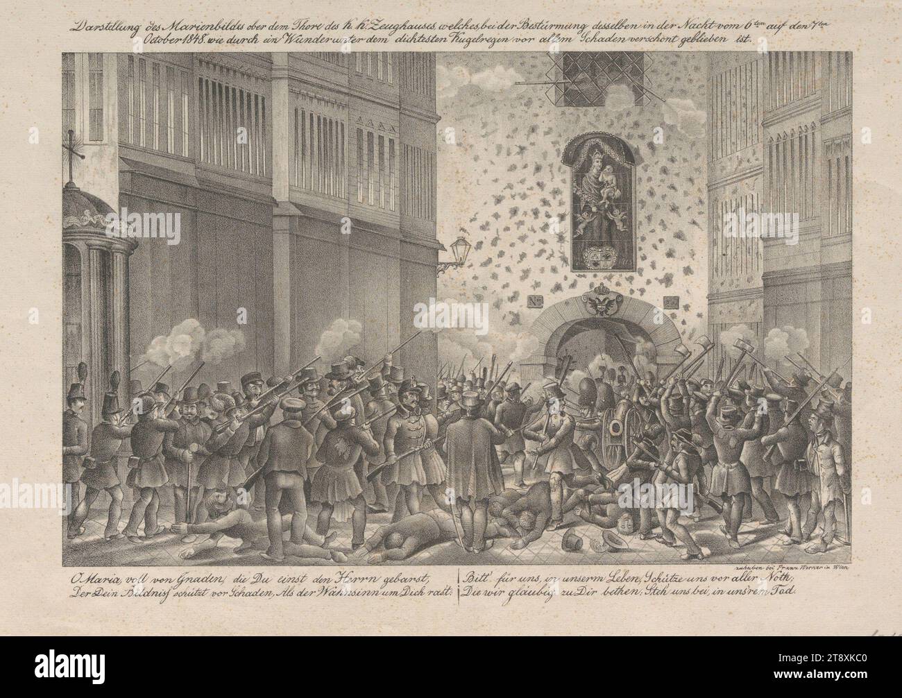 Darstellung des Bildes der Jungfrau über dem Tor des K.K.. Zeughaus, (...)" (Bei der Beschießung am 6., 7. Oktober 1848), Franz Werner, Verleger, 1848, Papier, Kreidelithographie, Höhe 28,2 cm, Breite 40,6 cm, Kunst, Militär, Revolutionen von 1848, 1849, 1: Innenstadt, Schlacht, Schlachten im Allgemeinen, Madonna: d.h. Maria mit dem Christuskind, dem Soldaten; das Leben des Soldaten, die Sammlung Wien Stockfoto
