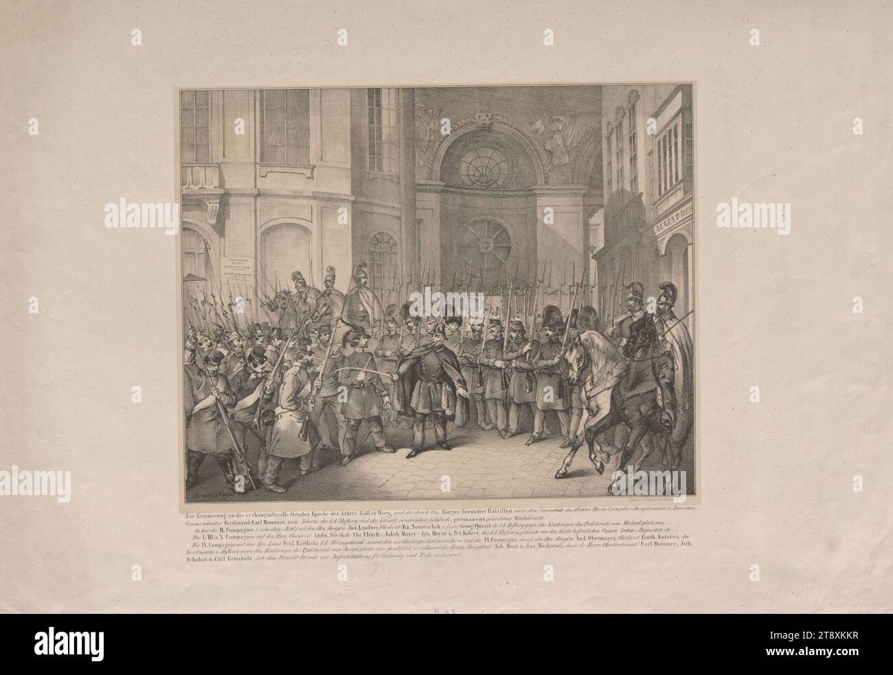 Die Nationalgarde verteidigt die Hofburg gegen die Invasion des Proletariats am 31. Oktober 1848, Friedrich Berndt, Lithograph Vinzenz Katzler (1823–1882), Lithograph Ludwig Christian Förster (1797-1863), Drucker, 1848, Papier, Kreidelithographie, Höhe 39,9 cm, Breite 57,2 cm, Militär, Arbeiter, Umdrehungen von 1848, 1849, 1: die Stadt, der Soldat; das Leben des Soldaten, kämpfend, Kämpfe im Allgemeinen, Hofburg, Wiener Sammlung Stockfoto