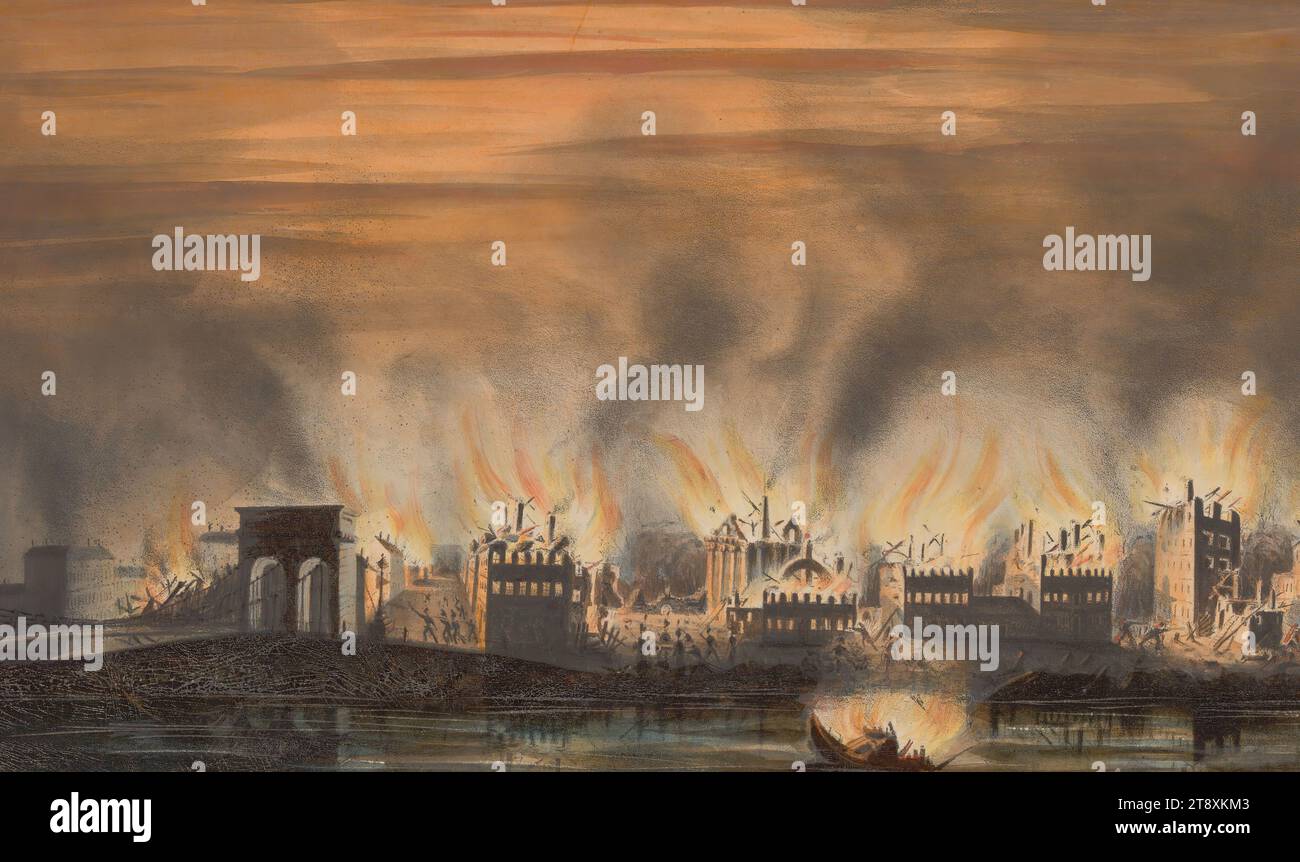 BRAND DER STADT LEOPOLD AM 27. OKTOBER 1848, F. GLOBATZHNIG, LITHOGRAF, 1848, Papier, farbig, Kreidelithographie, Höhe 22,8 cm, Breite 35,5 cm, Revolutionen von 1848, 1849, 2. Bezirk: Leopoldstadt, Feuer, Sammlung Wien Stockfoto