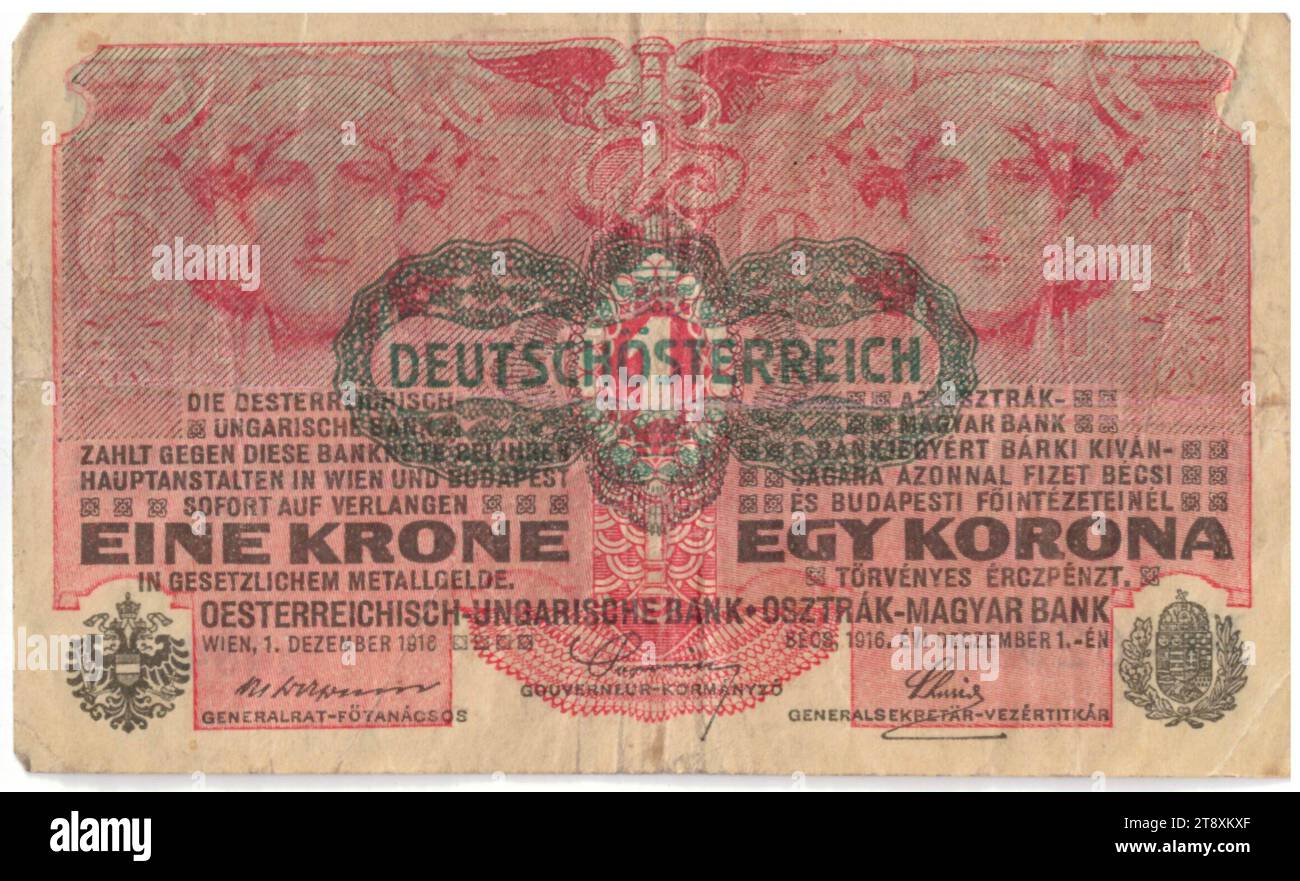 Banknote, 1 Krone, Alois Hans Schram (1864-1919), Künstler, Rudolf Rössler (1864-1934), Künstler, Rudolf Junk (1880-1943), Künstler, österreichisch-ungarische Bank, Münzbehörde, 01.12.1916, Papier, Druck, Breite 113 mm, Höhe 68 mm, Münzprägeanstalt Wien, Prägegebiet, Österreich, 1. Republik (1918-1933), erste Republik, Finanzen, Frau, Banknote, Geld, Die Wiener Sammlung Stockfoto